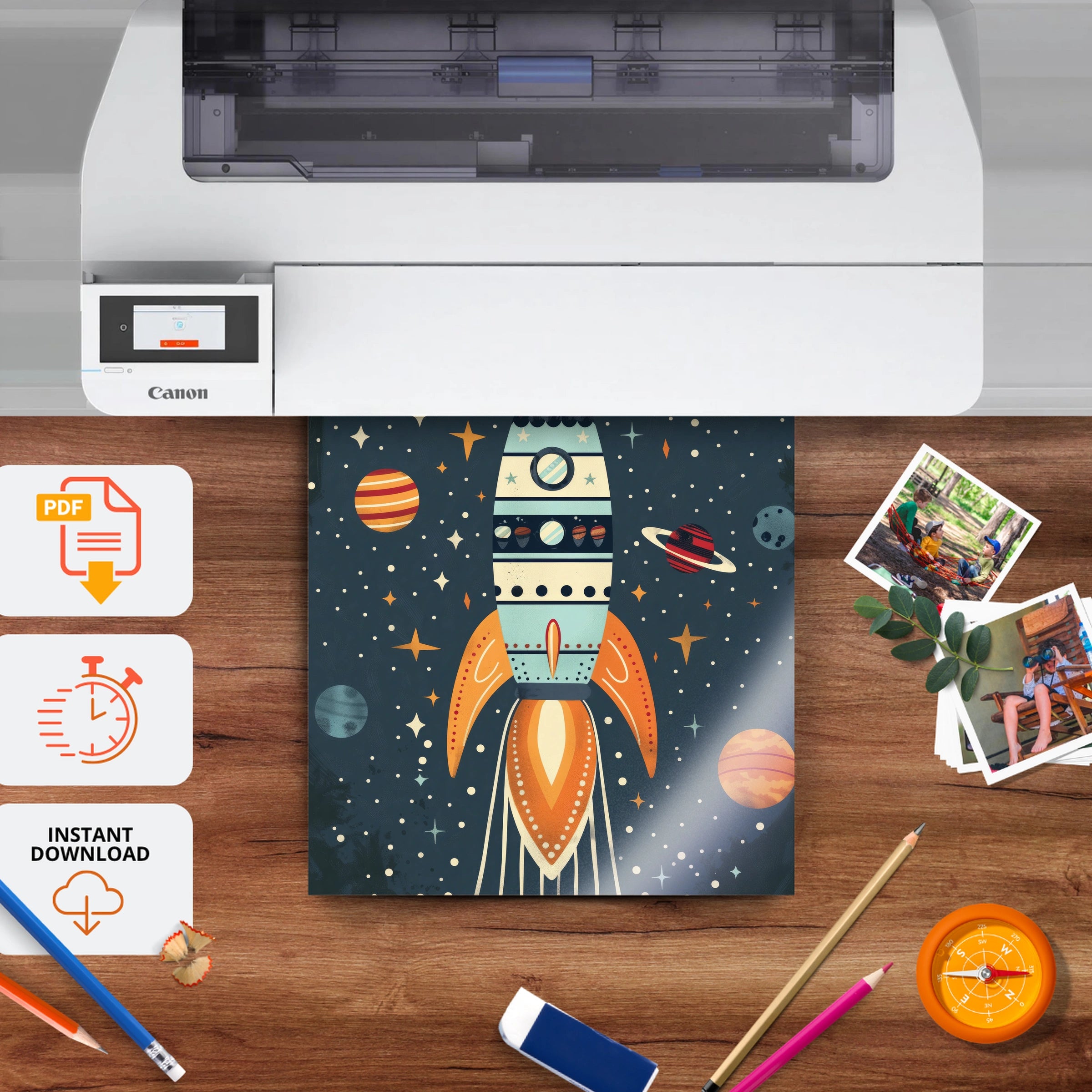 Rocket in Space Nursery Print - printable nursery wall art, instant download to print at home