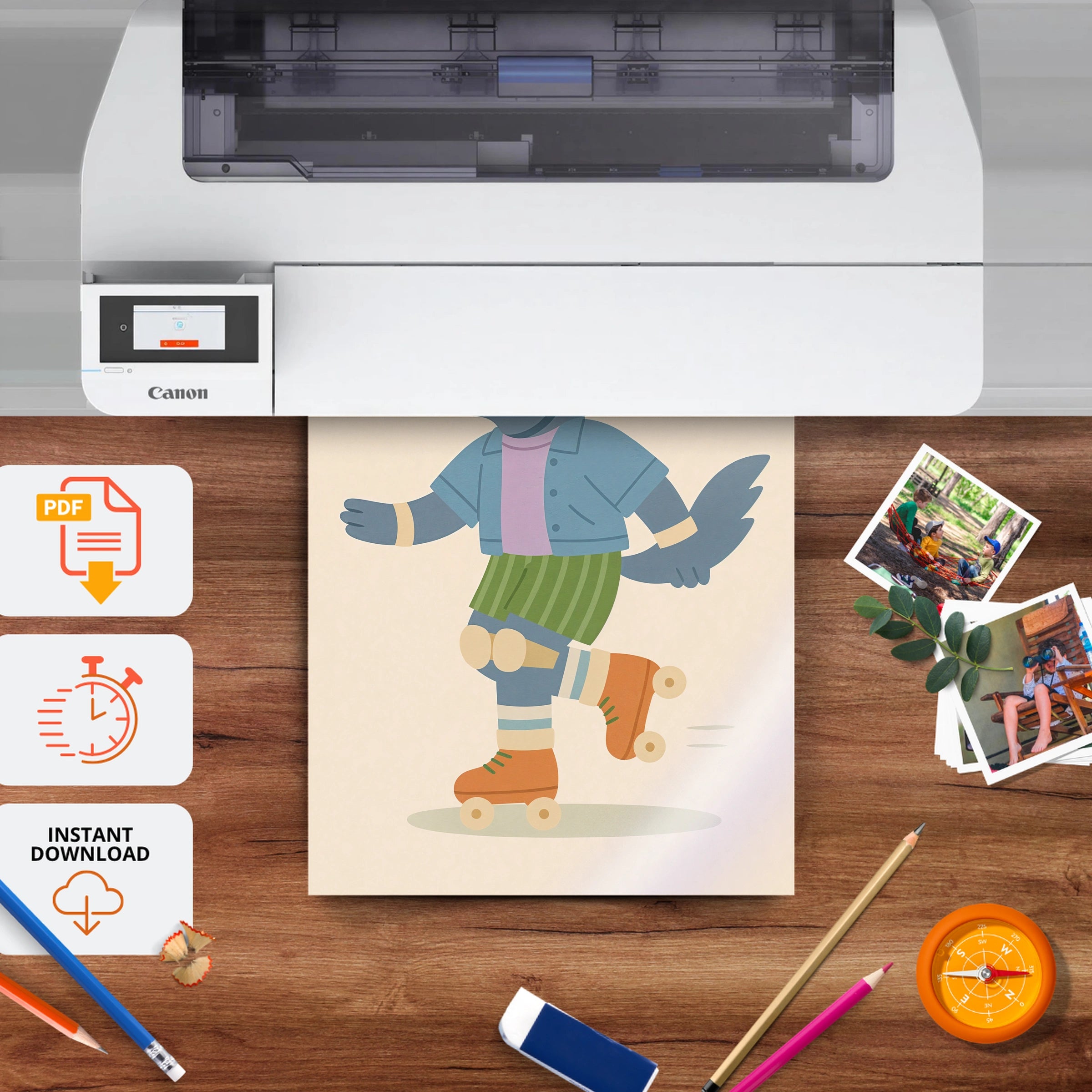 Roller Skating Wolf Nursery Print - printable nursery wall art, instant download to print at home