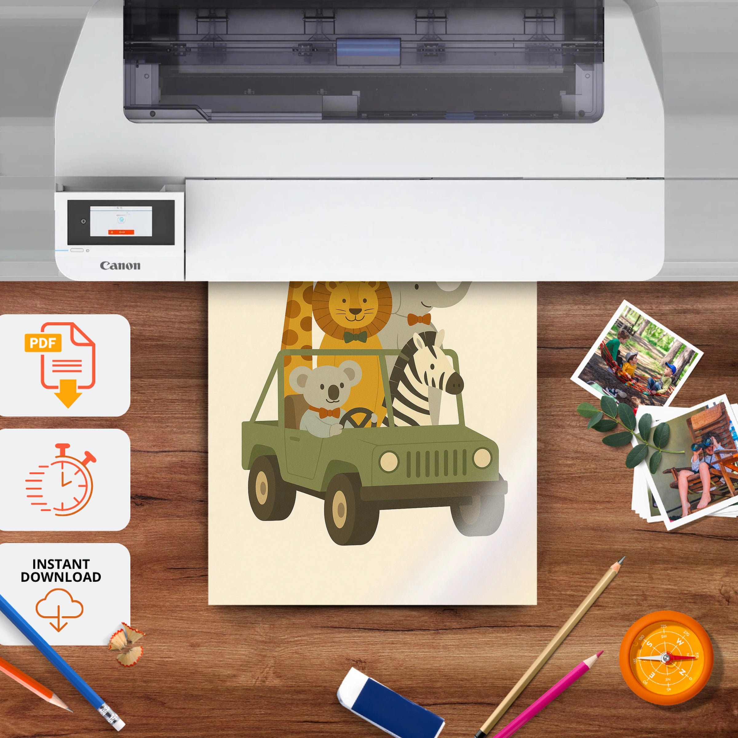Safari Animals in a Jeep Nursery Print - printable nursery wall art, instant download to print at home