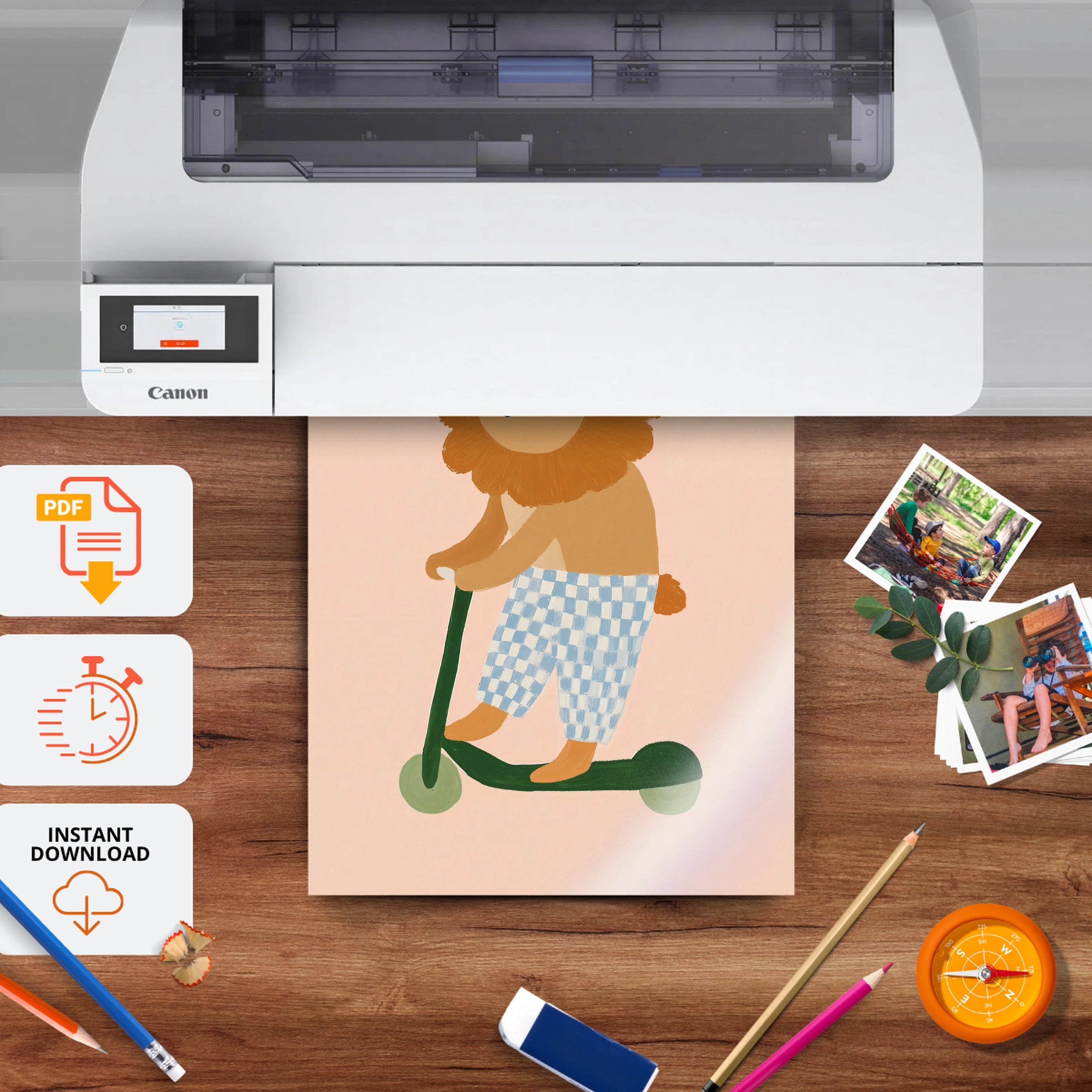 Scooter Lion Nursery Print - printable nursery wall art, instant download to print at home