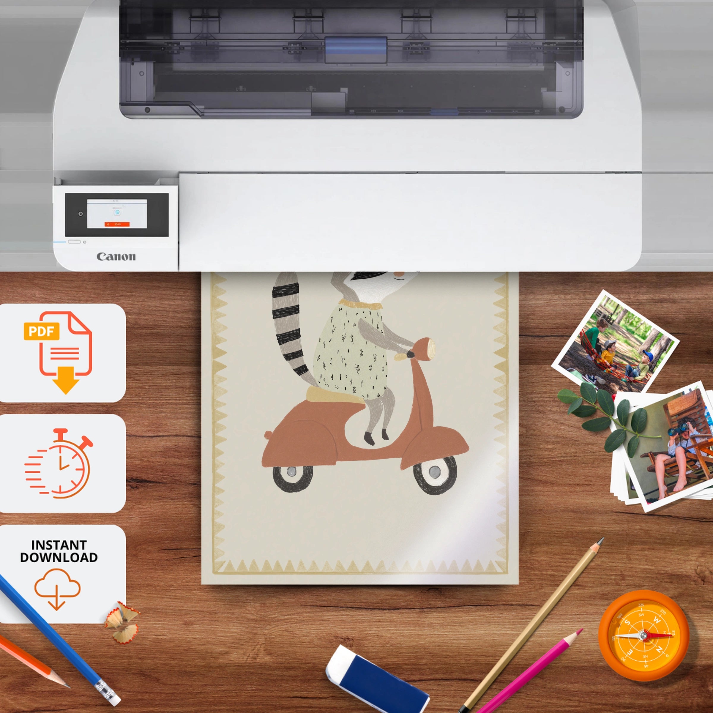 Scooter Raccoon Nursery Print - printable nursery wall art, instant download to print at home