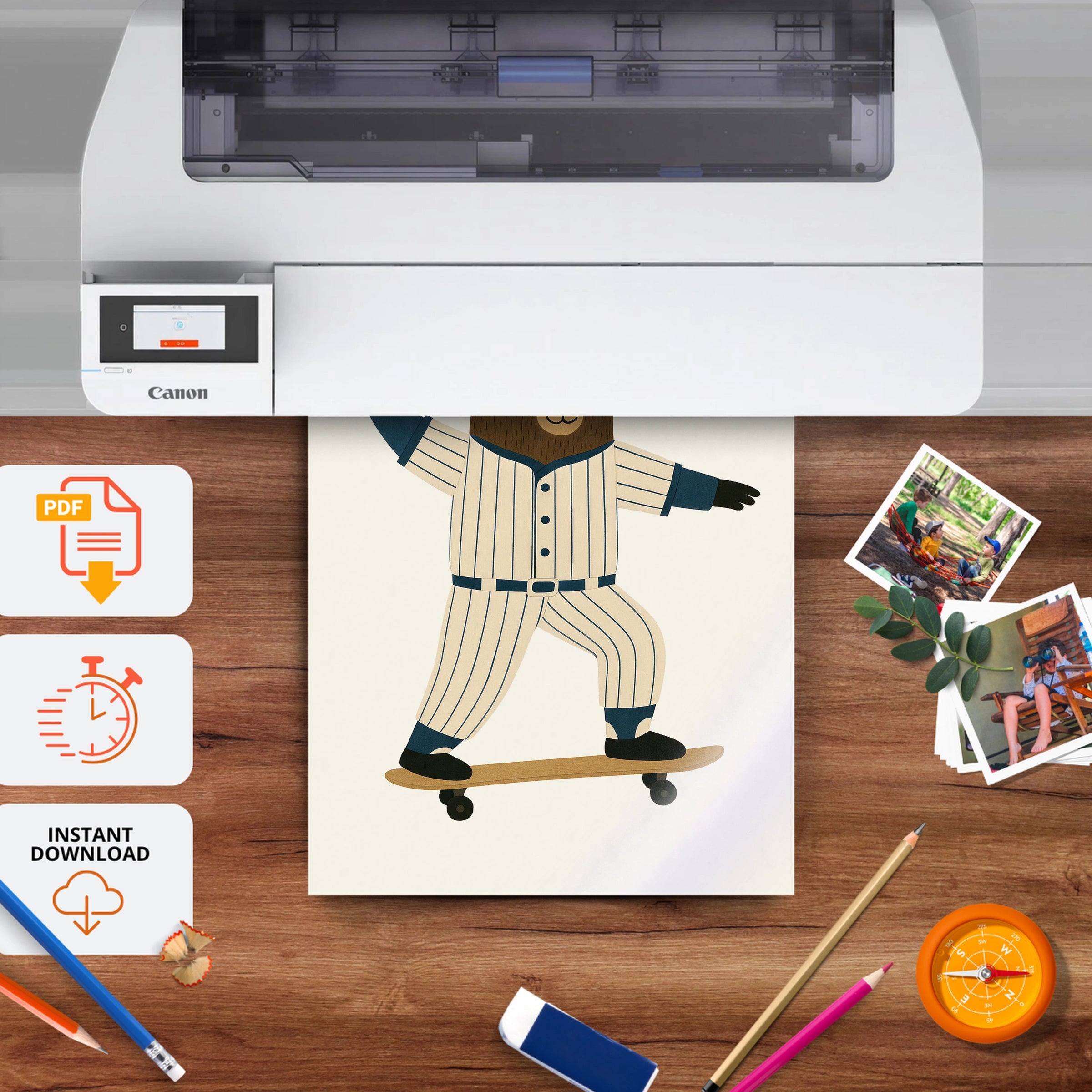 Skateboard Baseball Bear Nursery Print - printable nursery wall art, instant download to print at home