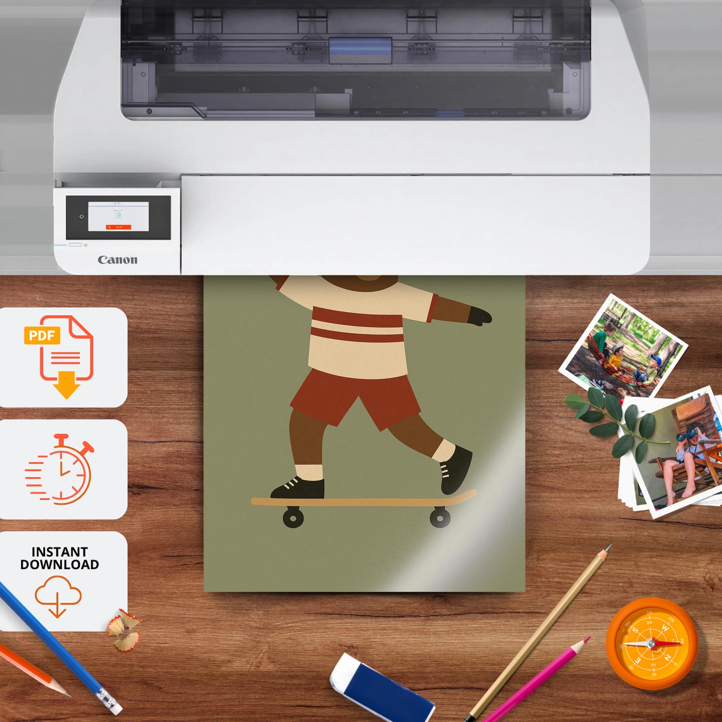 Skateboard Bear Nursery Print - printable nursery wall art, instant download to print at home