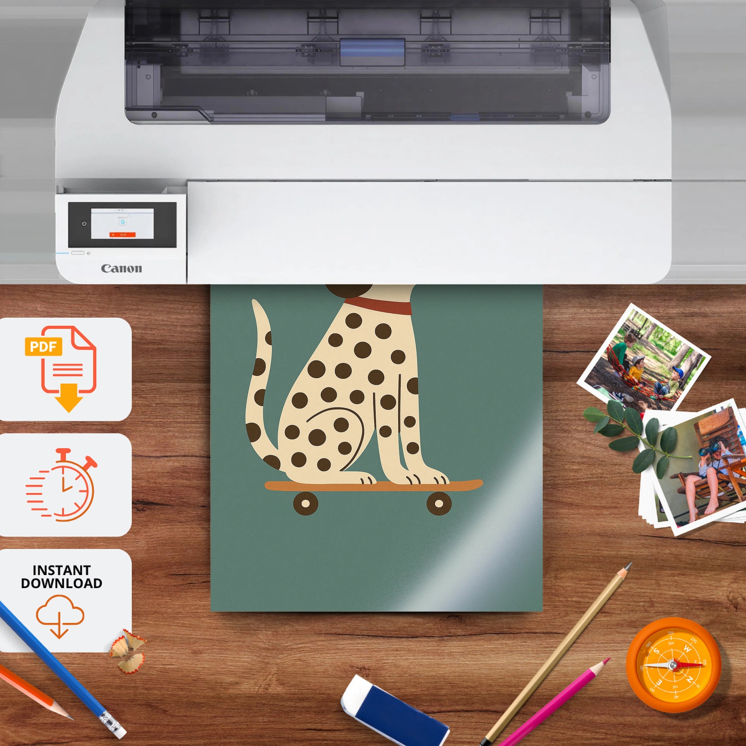 Skateboard Dalmatian Nursery Print - printable nursery wall art, instant download to print at home