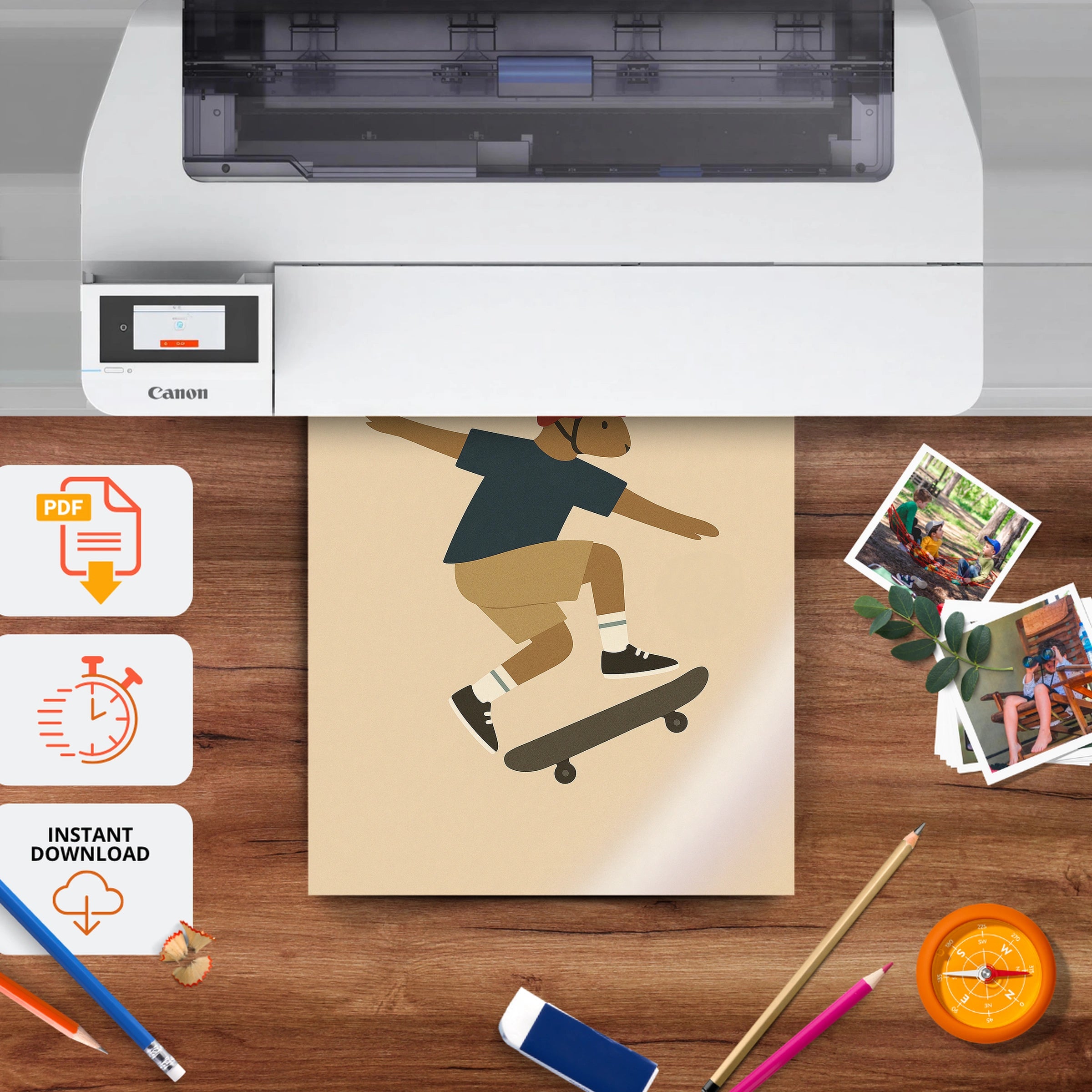 Skateboard Rabbit Nursery Print - printable nursery wall art, instant download to print at home