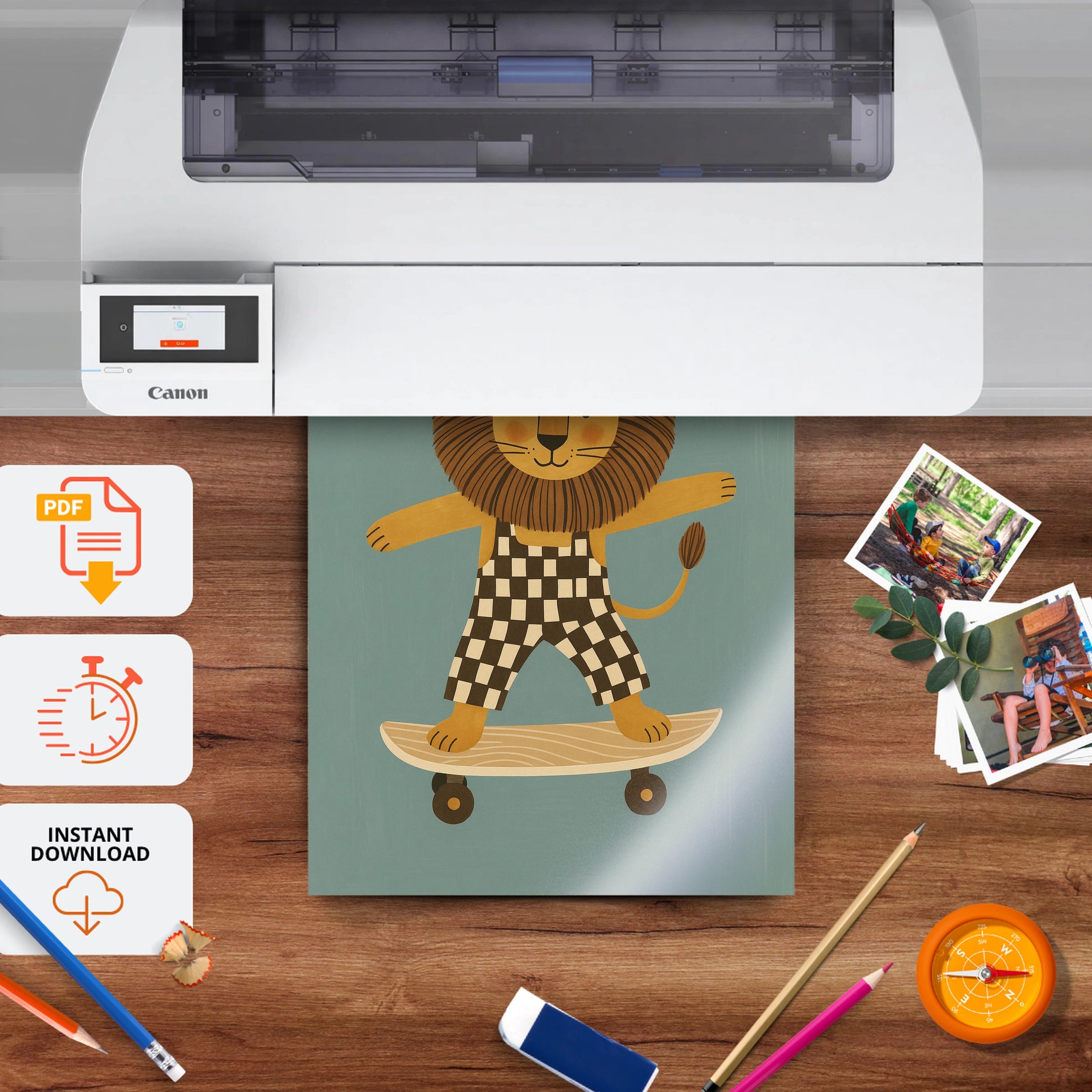 Skateboarding Lion Nursery Print - printable nursery wall art, instant download to print at home