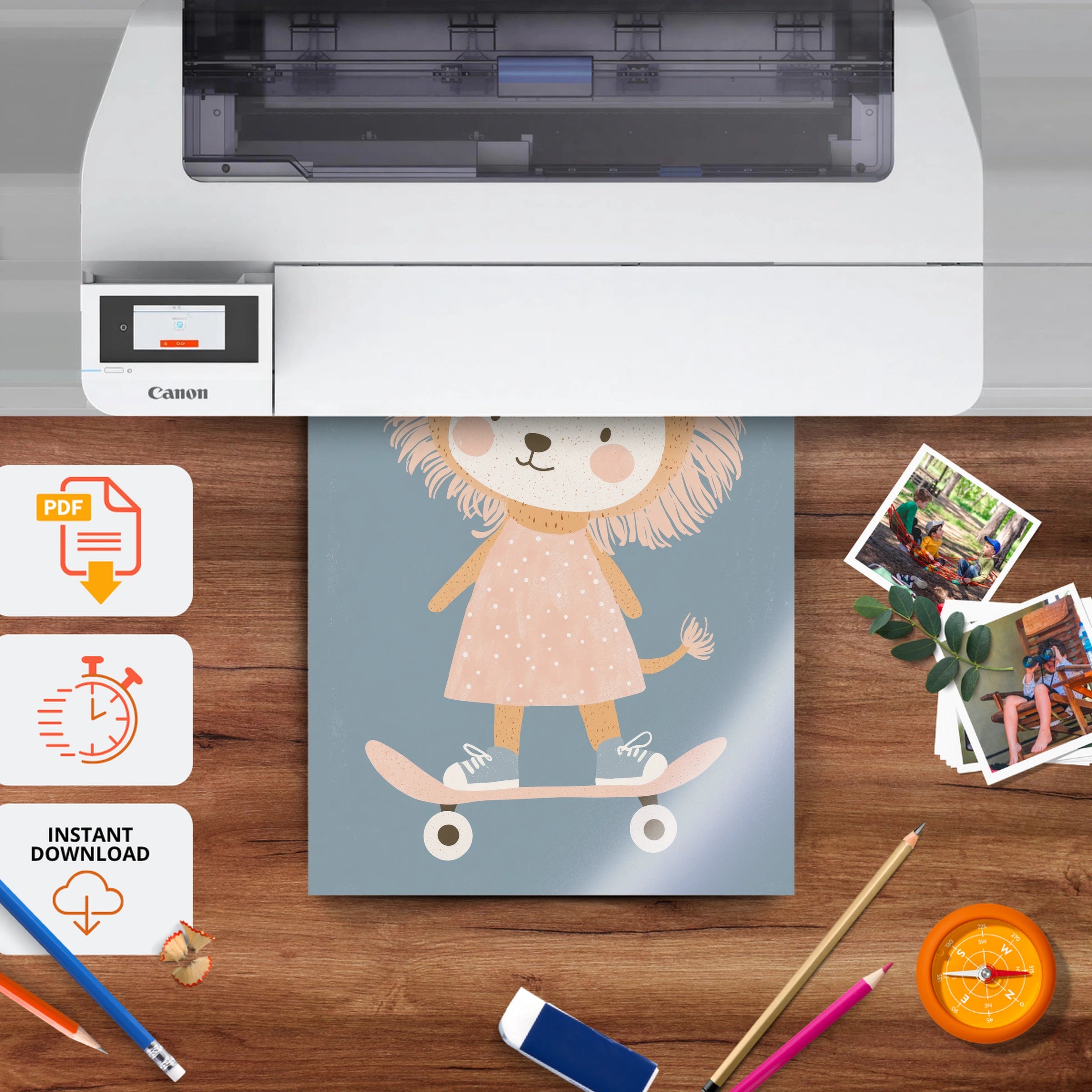 Skater Lion Nursery Print - printable nursery wall art, instant download to print at home