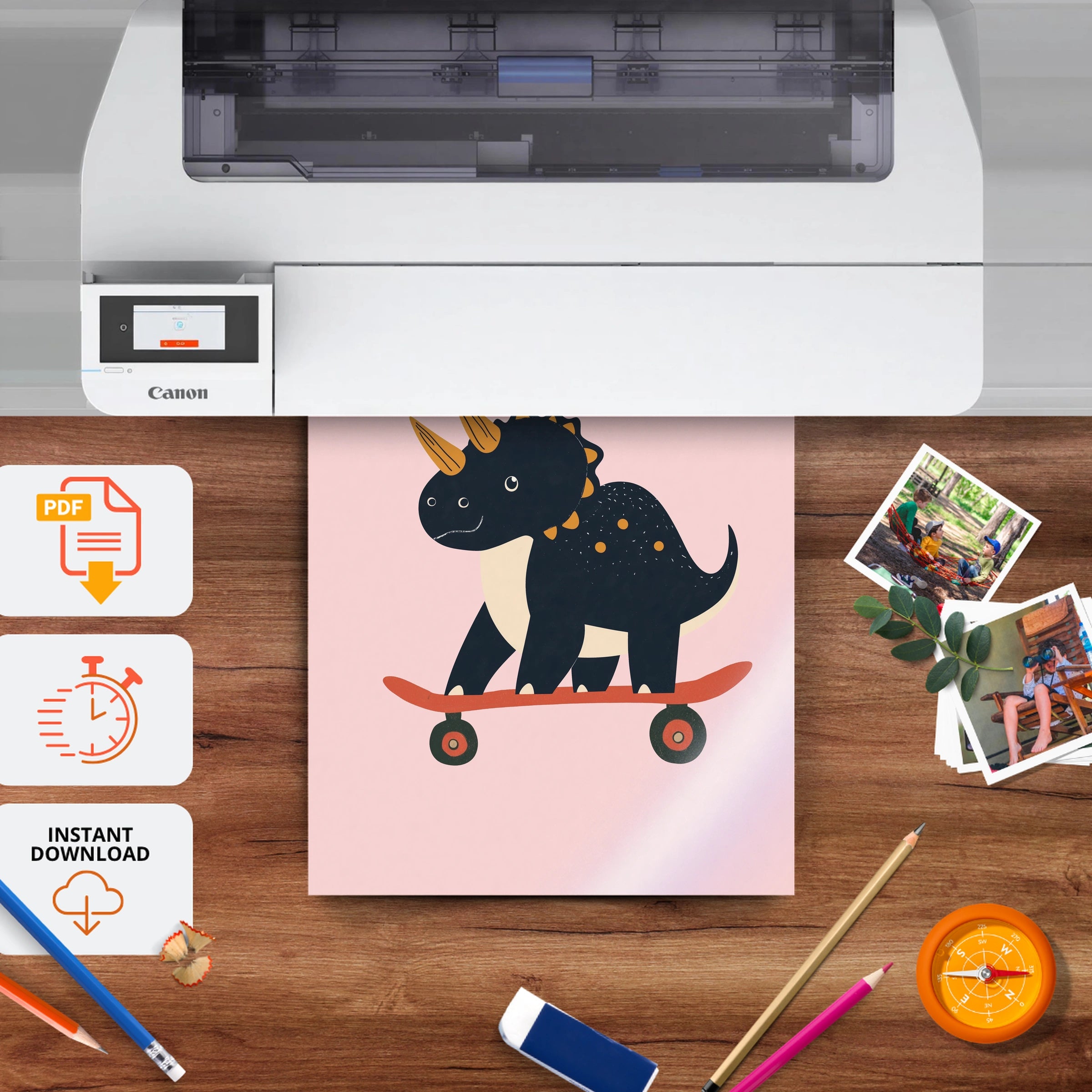 Skater Triceratops Nursery Print - printable nursery wall art, instant download to print at home