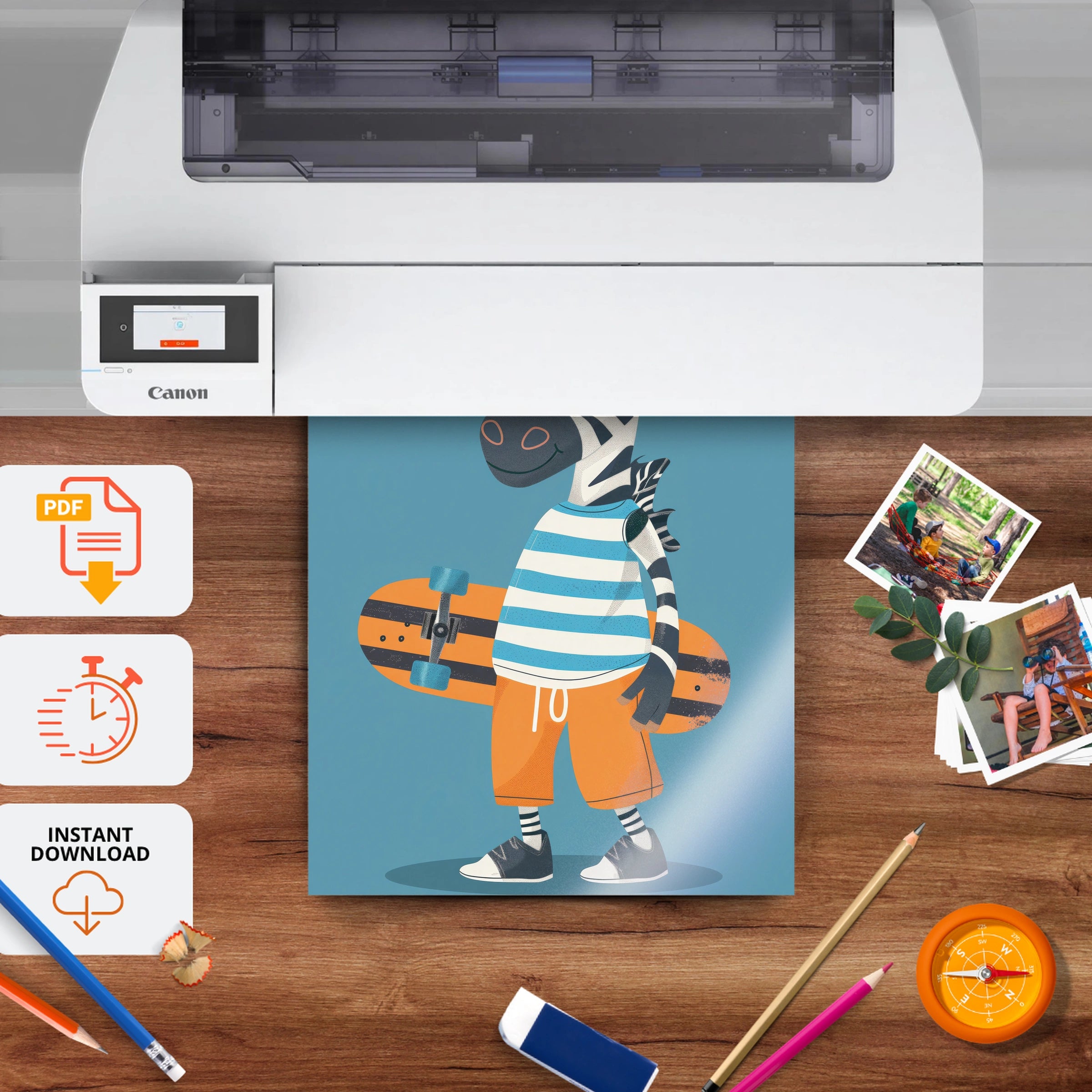 Skater Zebra Nursery Print - printable nursery wall art, instant download to print at home
