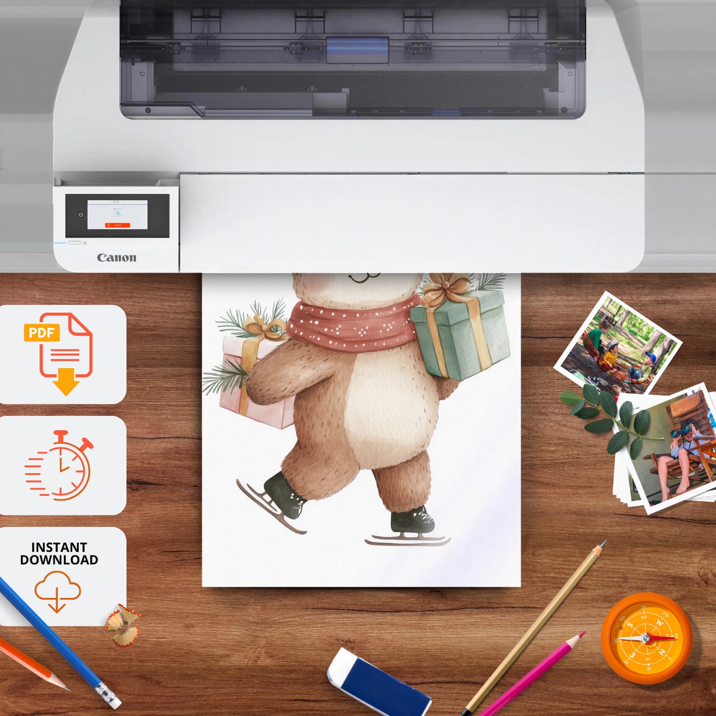 Skating Bear Christmas Print - printable nursery wall art, instant download to print at home