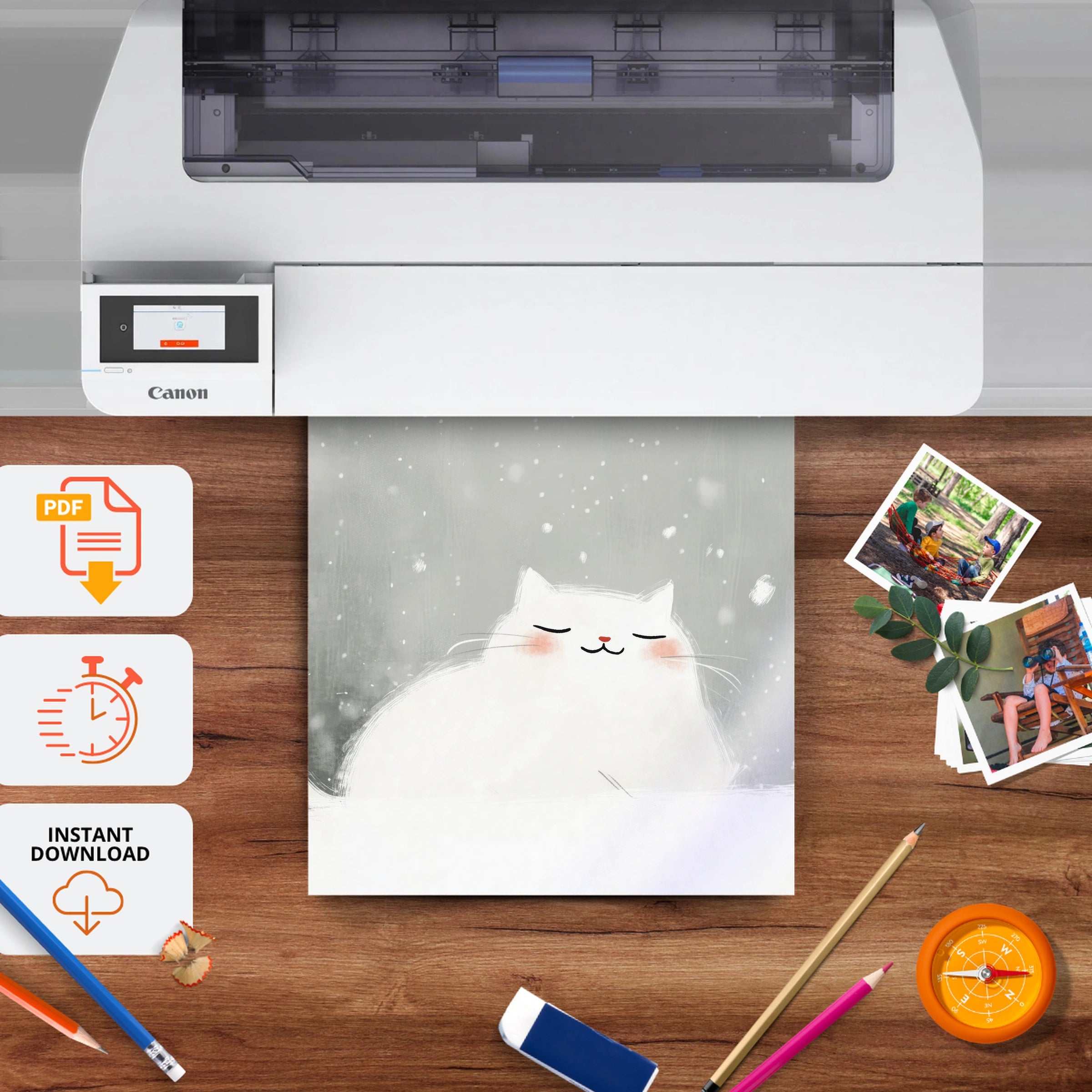 Sleepy White Cat Christmas Print - printable nursery wall art, instant download to print at home