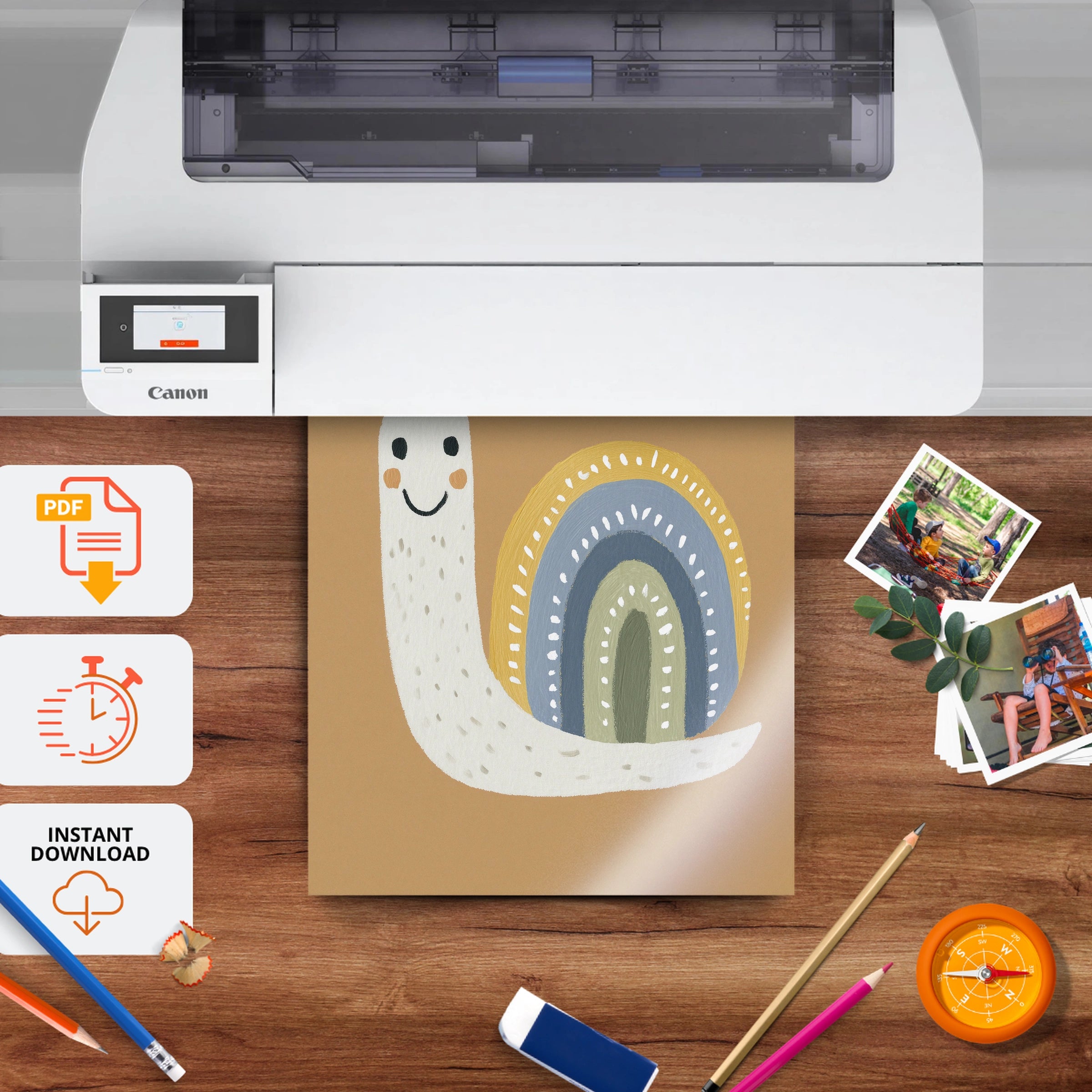 Snail and Rainbow Nursery Print - printable nursery wall art, instant download to print at home