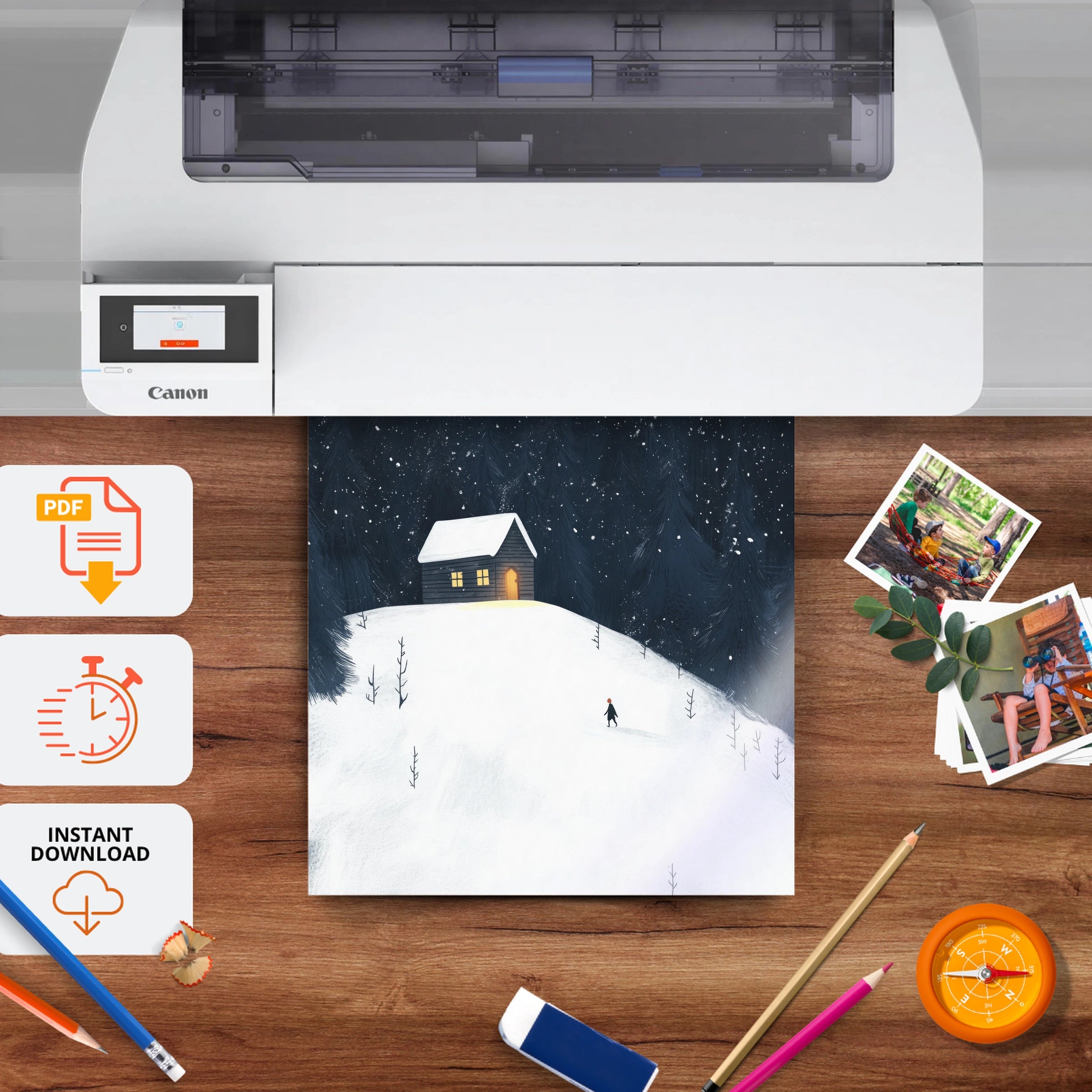 Snowy Cabin in the Forest Christmas Print - printable nursery wall art, instant download to print at home
