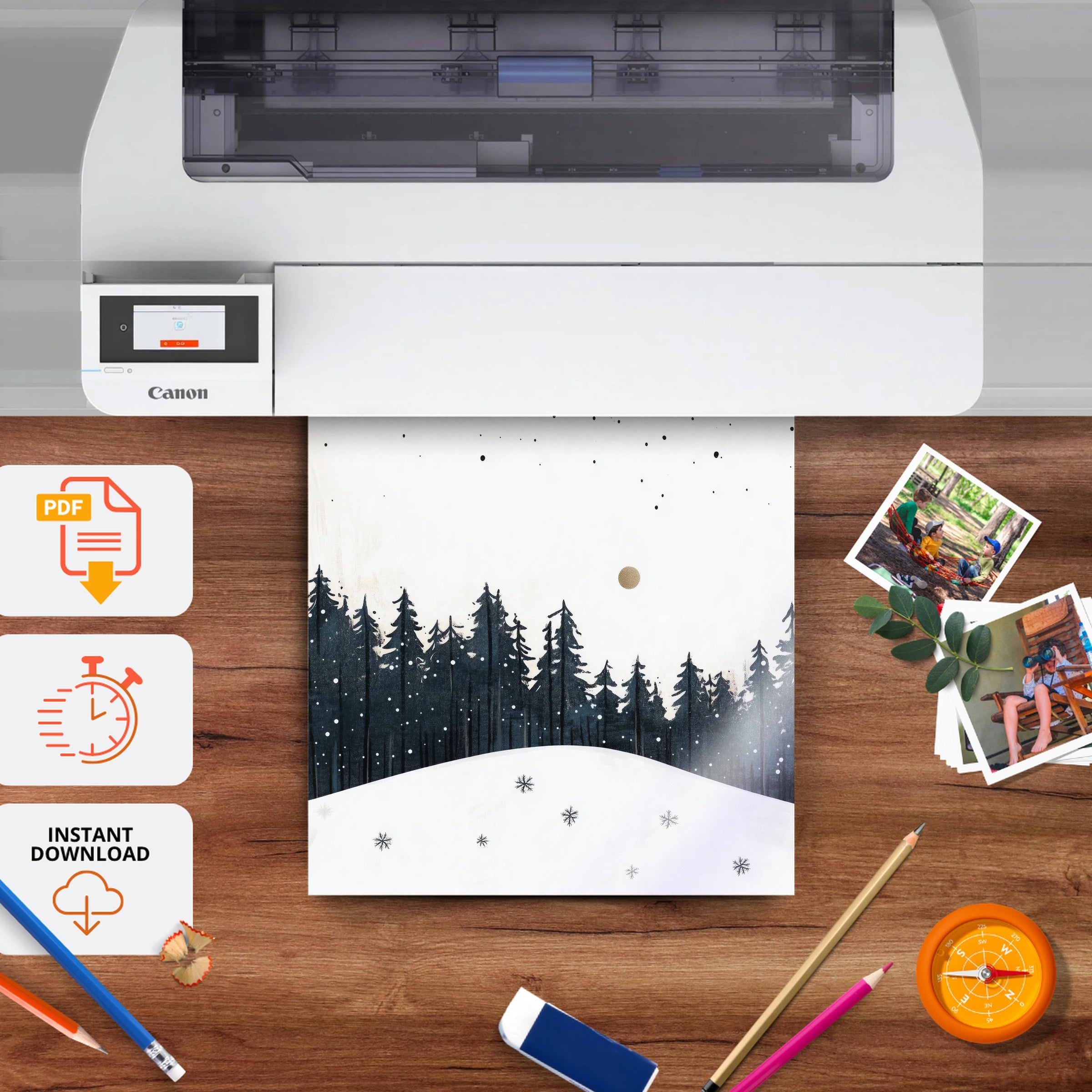 Snowy Forest at Night Christmas Print - printable nursery wall art, instant download to print at home