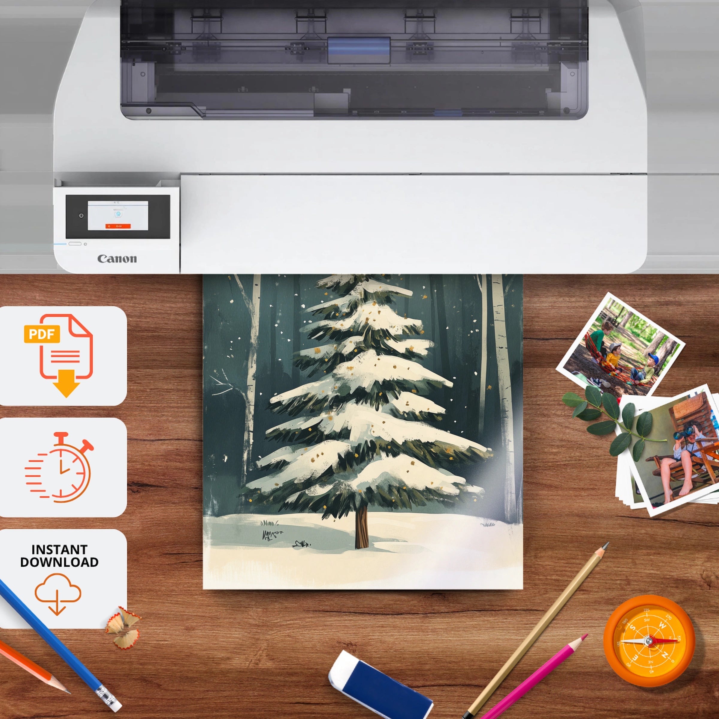 Snowy Forest Tree Christmas Print - printable nursery wall art, instant download to print at home