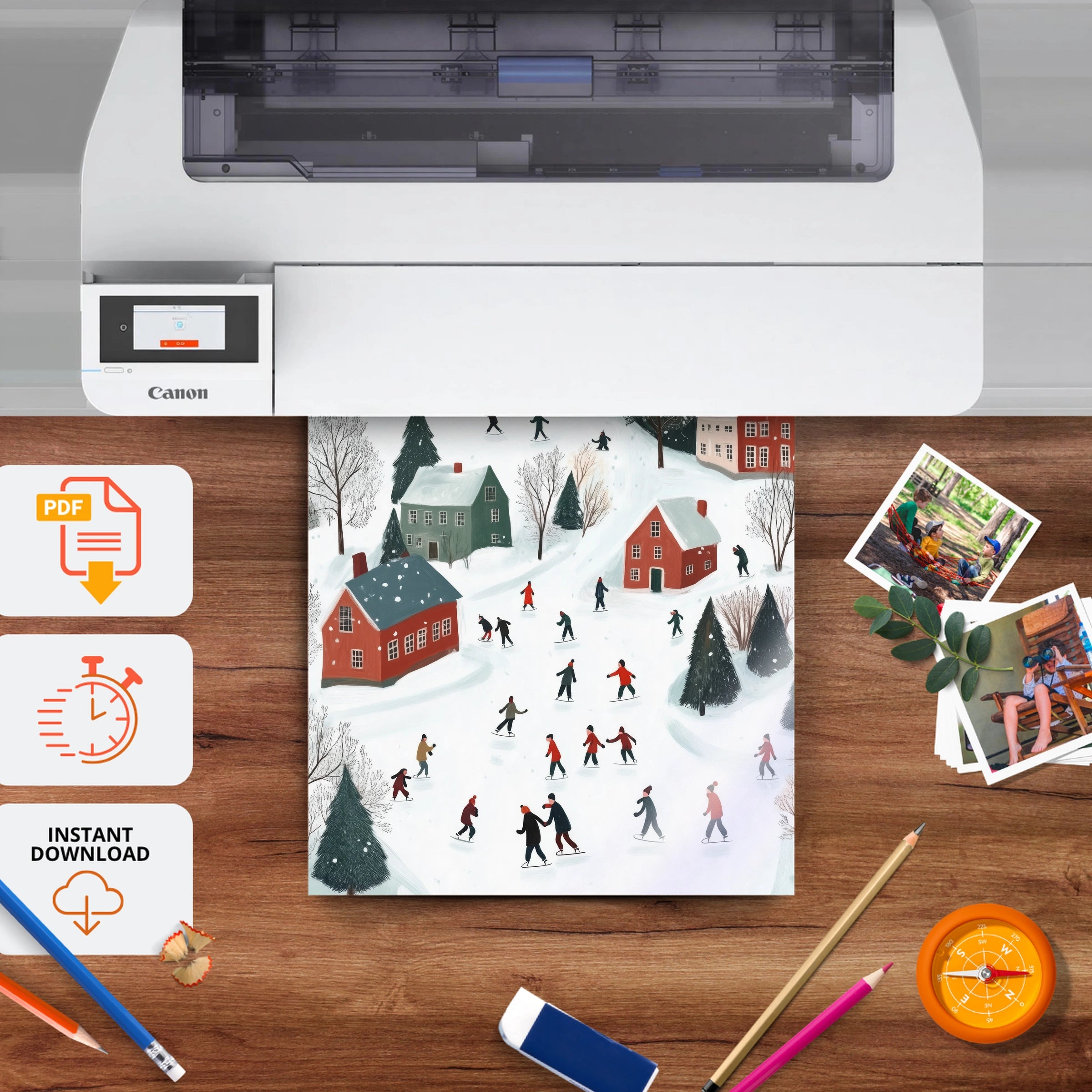 Snowy Village Christmas Print - printable nursery wall art, instant download to print at home