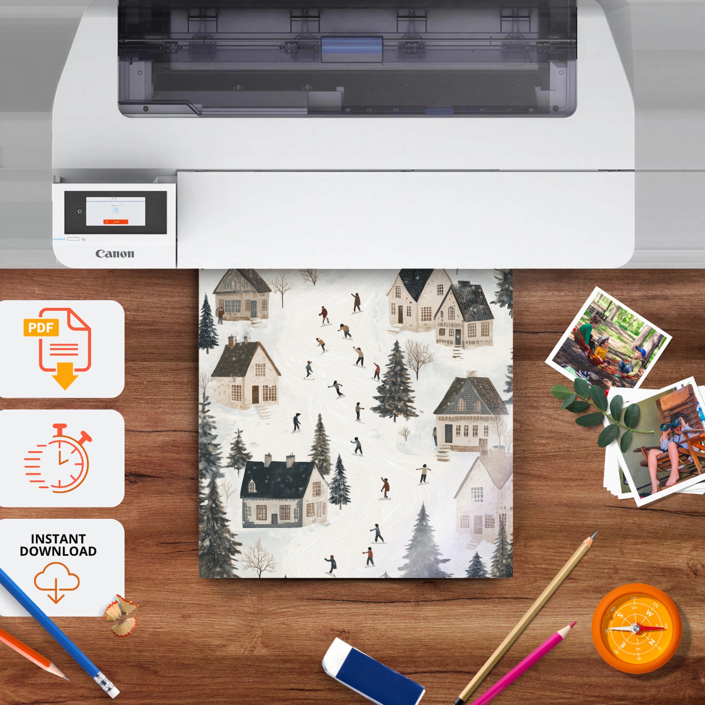 Snowy Village Skaters Christmas Print - printable nursery wall art, instant download to print at home