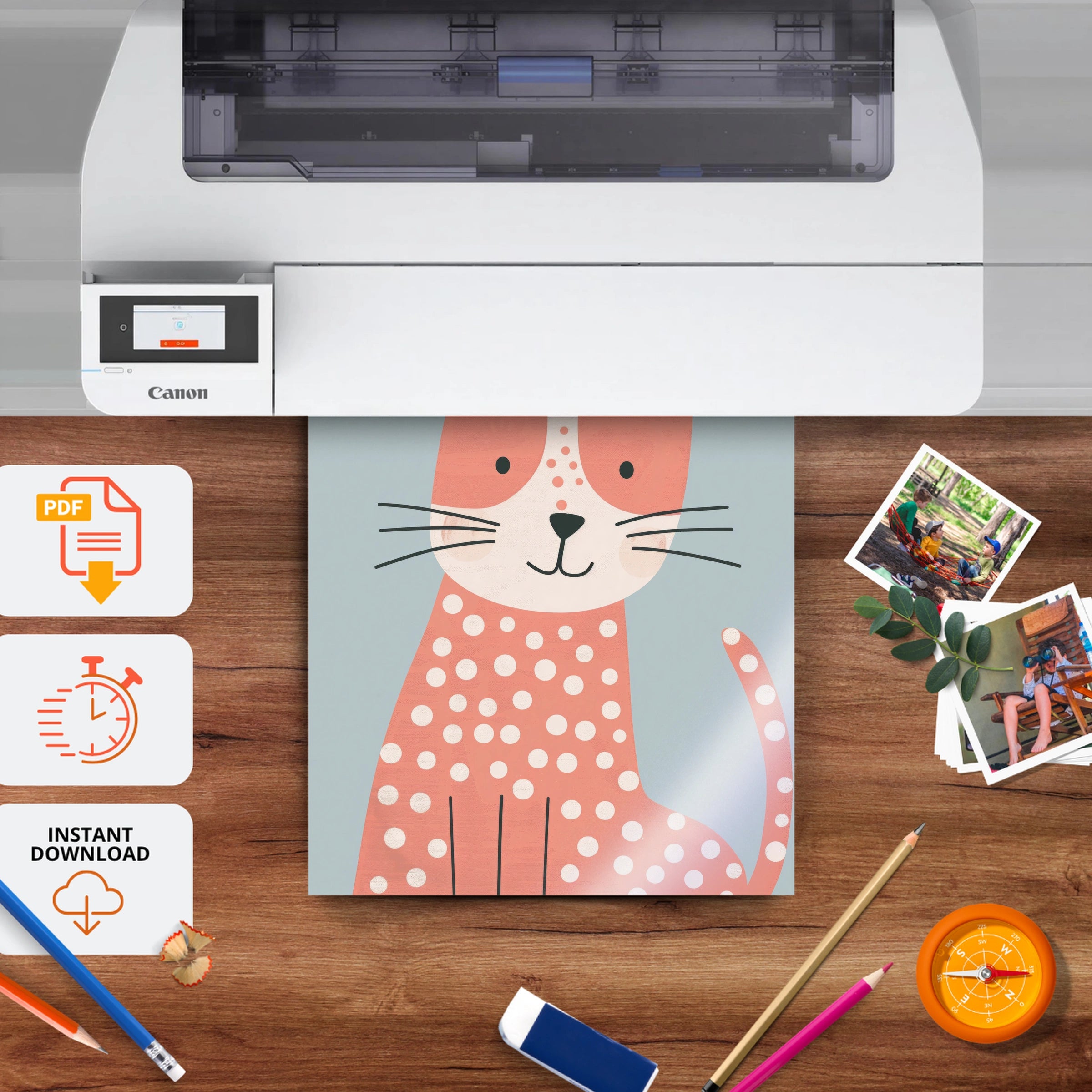 Spotty Pink Cat Nursery Print - printable nursery wall art, instant download to print at home
