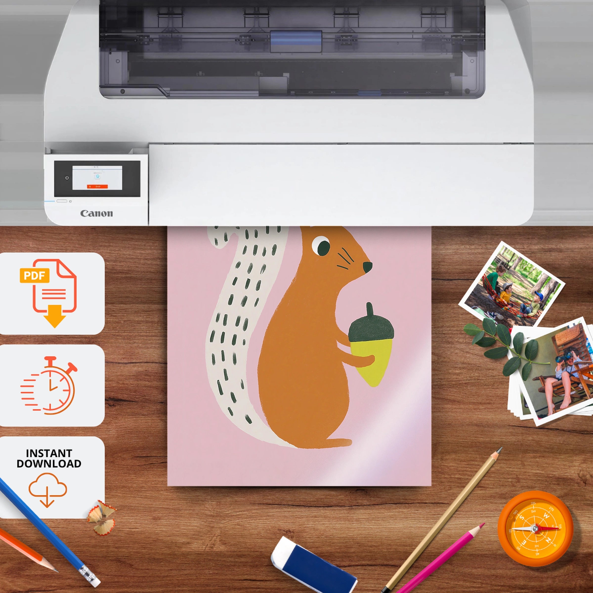 Squirrel with an Acorn Nursery Print - printable nursery wall art, instant download to print at home