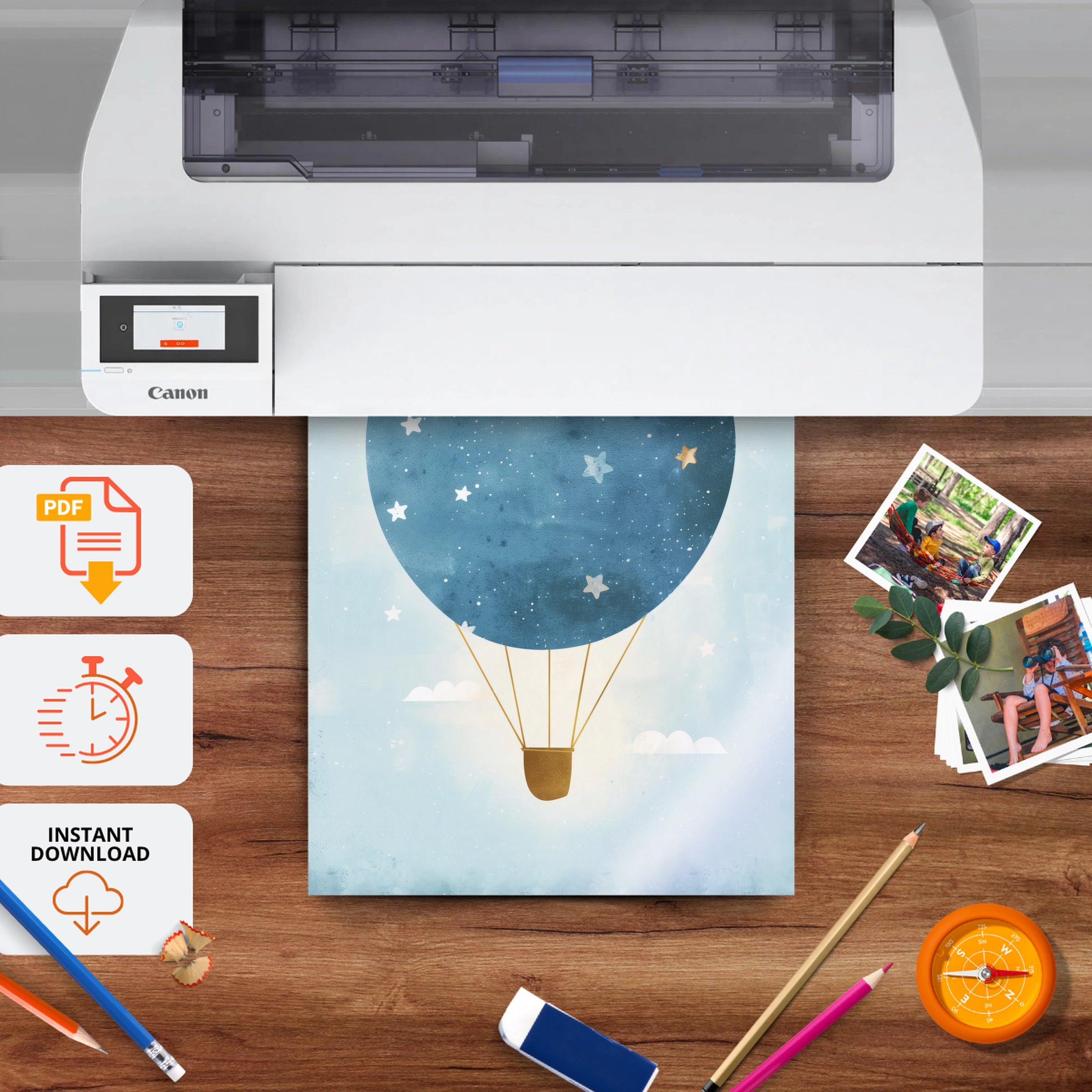 Starry Hot Air Balloon Nursery Print - printable nursery wall art, instant download to print at home