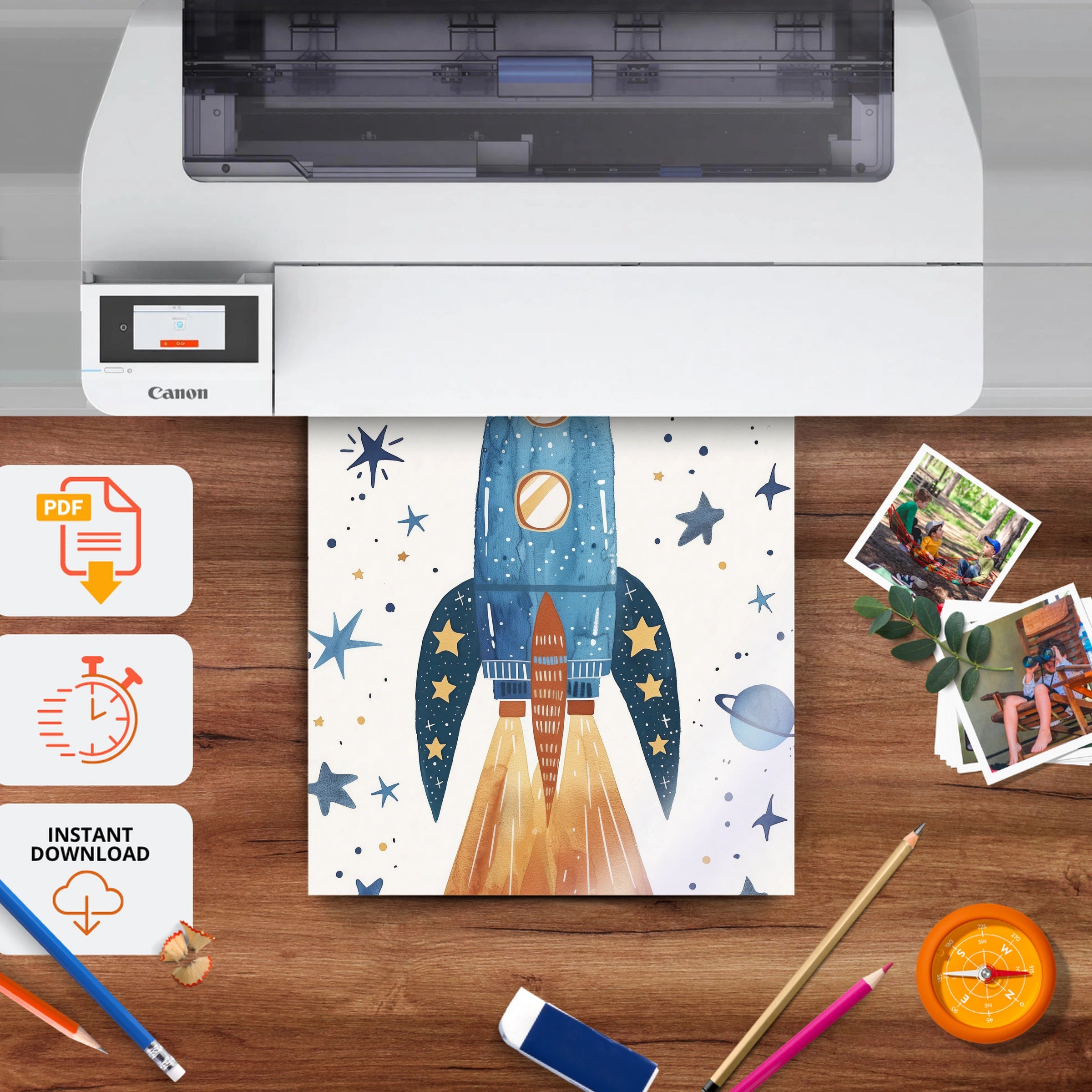 Starry Rocket Nursery Print - printable nursery wall art, instant download to print at home