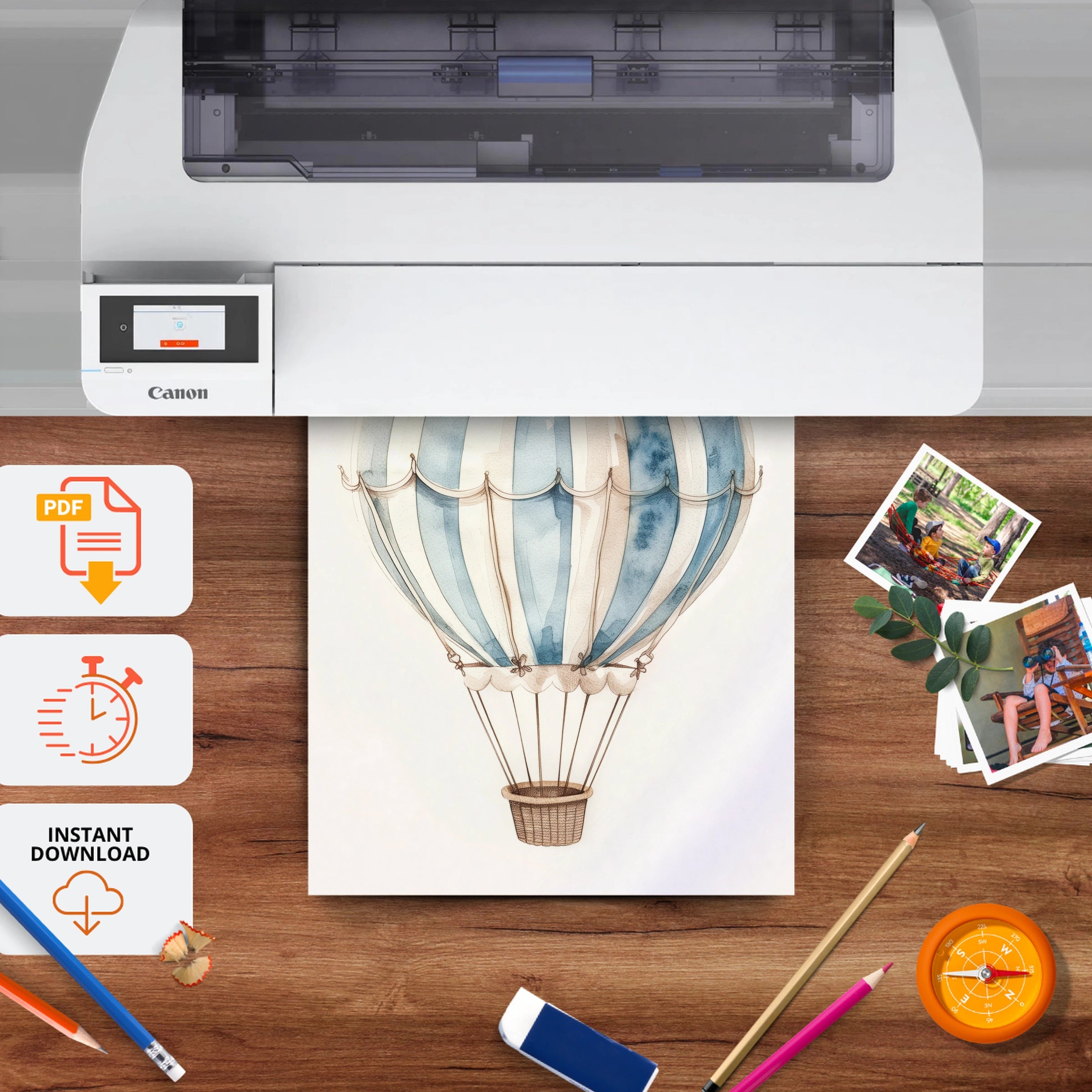 Striped Hot Air Balloon Nursery Print - printable nursery wall art, instant download to print at home