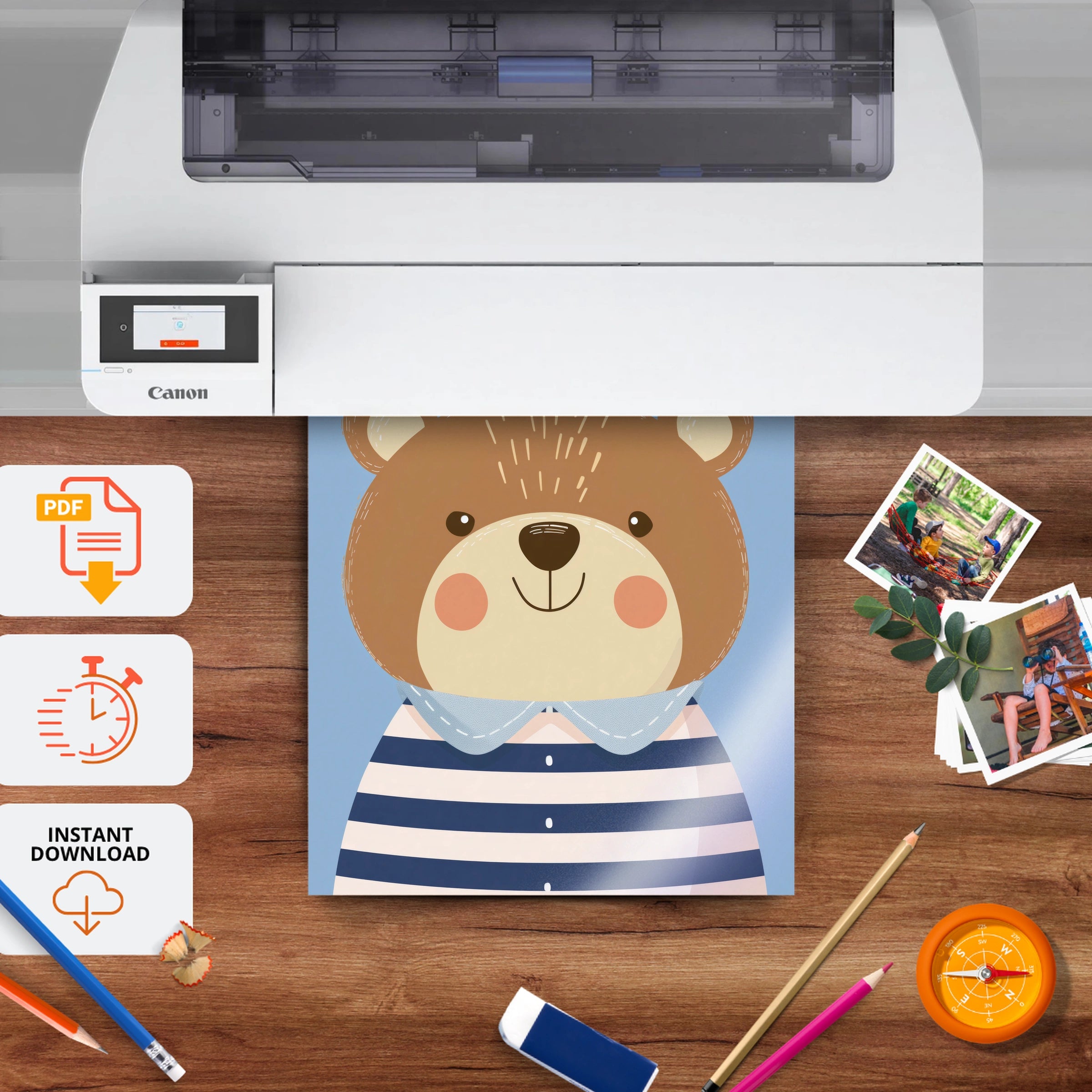 Striped Shirt Bear Nursery Print - printable nursery wall art, instant download to print at home