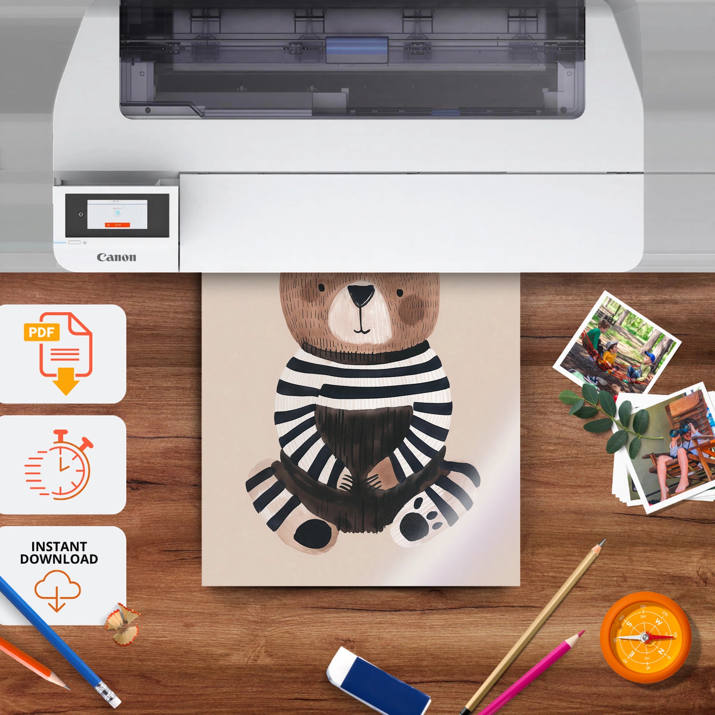 Stripey Bear Nursery Print - printable nursery wall art, instant download to print at home
