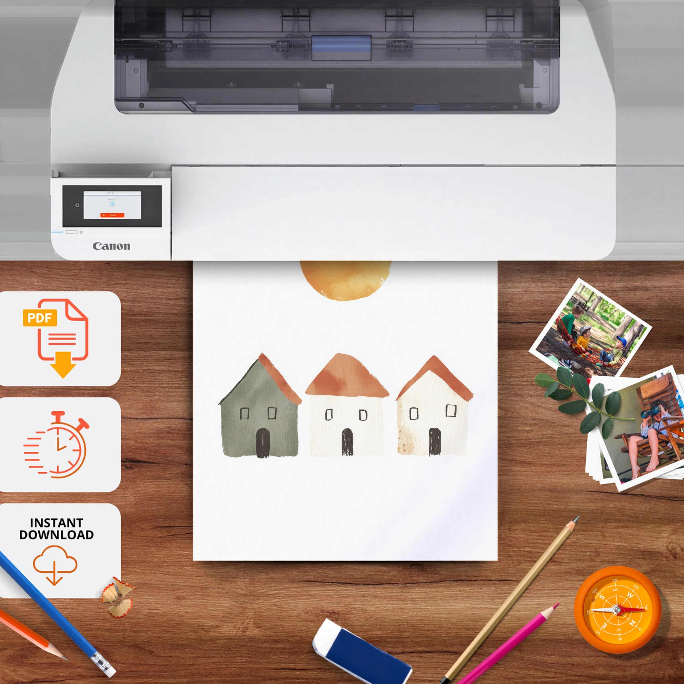 Sun and Houses Nursery Print - printable nursery wall art, instant download to print at home