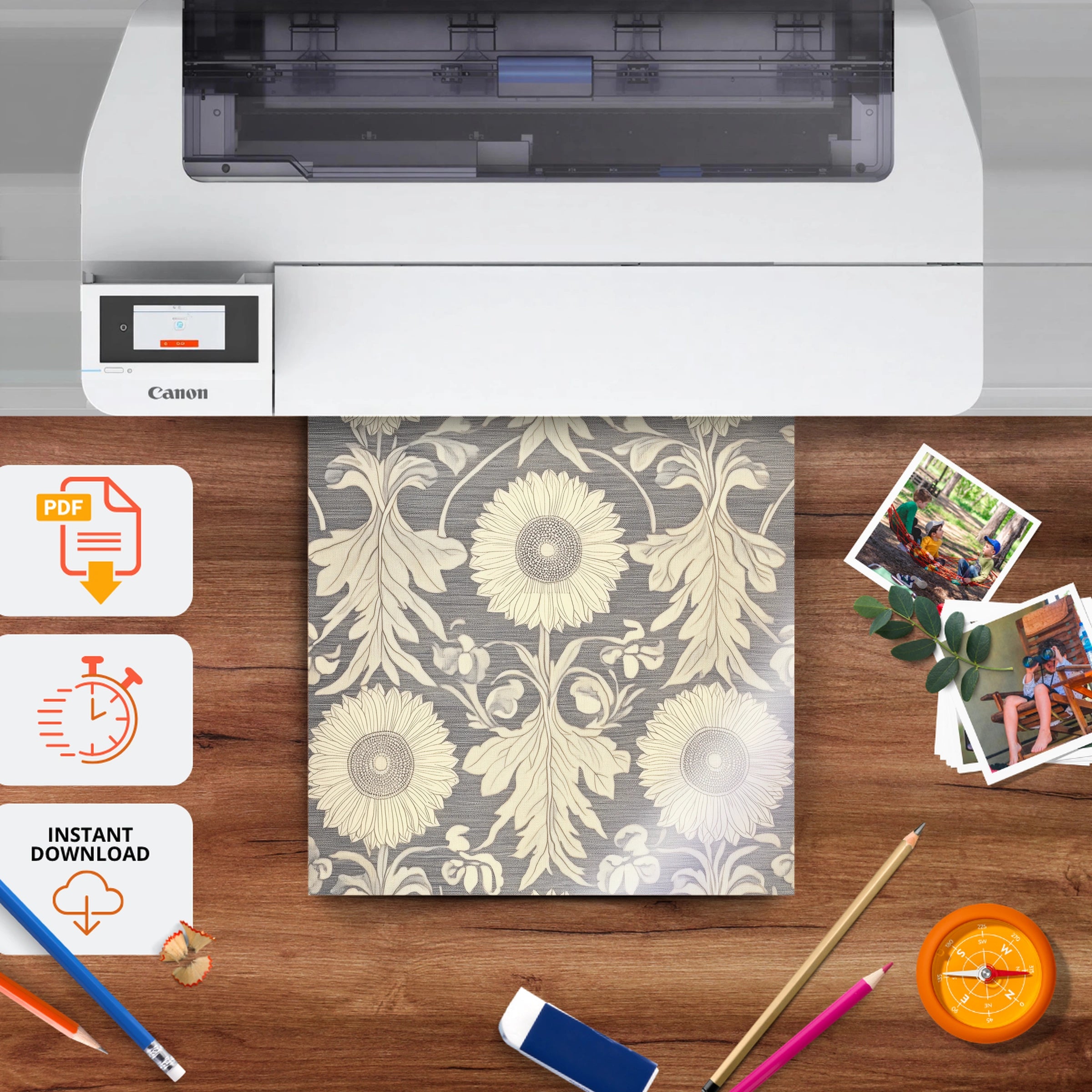 Sunflower Damask Nursery Print - printable nursery wall art, instant download to print at home
