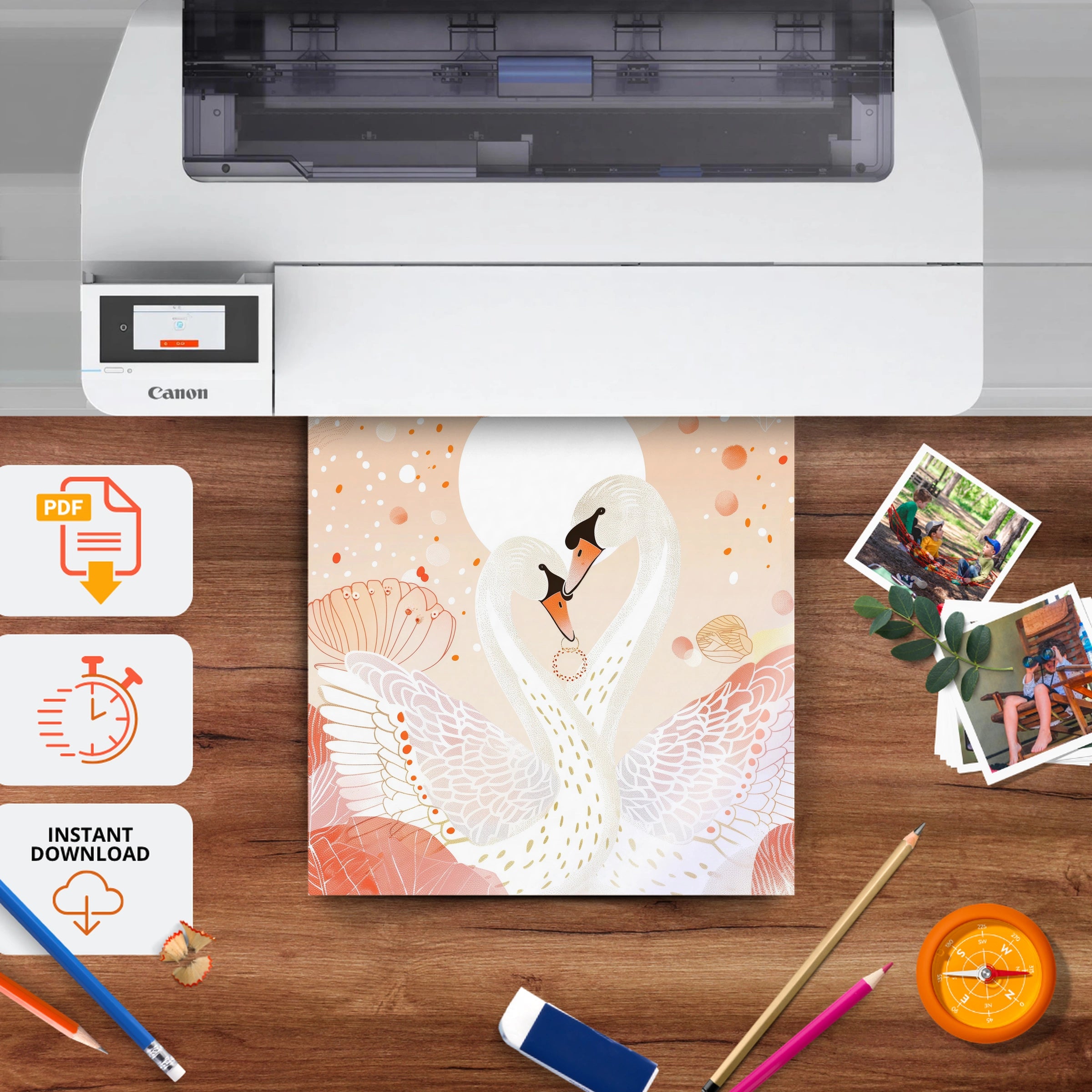 Swan Hearts Nursery Print - printable nursery wall art, instant download to print at home