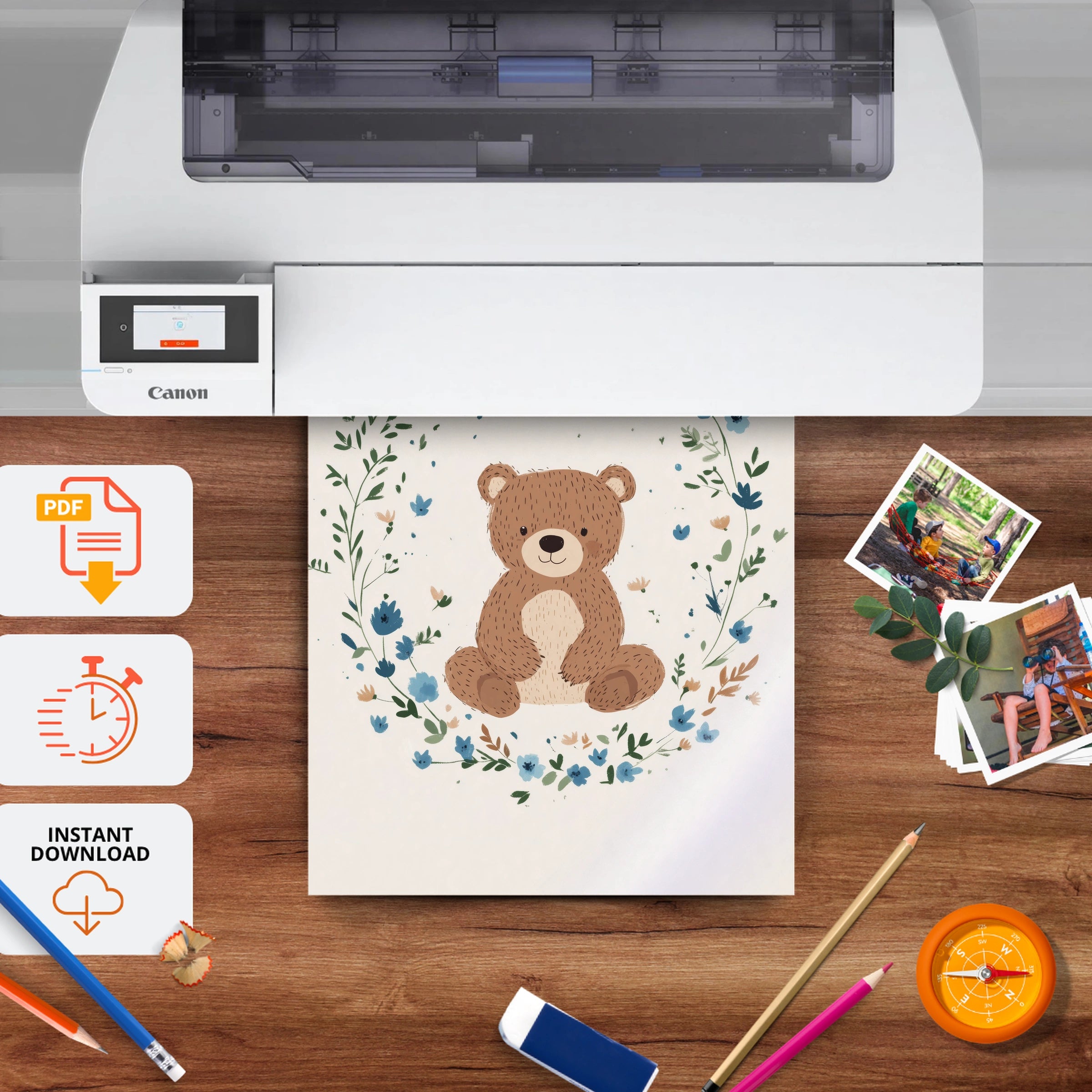Teddy in a Wreath Nursery Print - printable nursery wall art, instant download to print at home