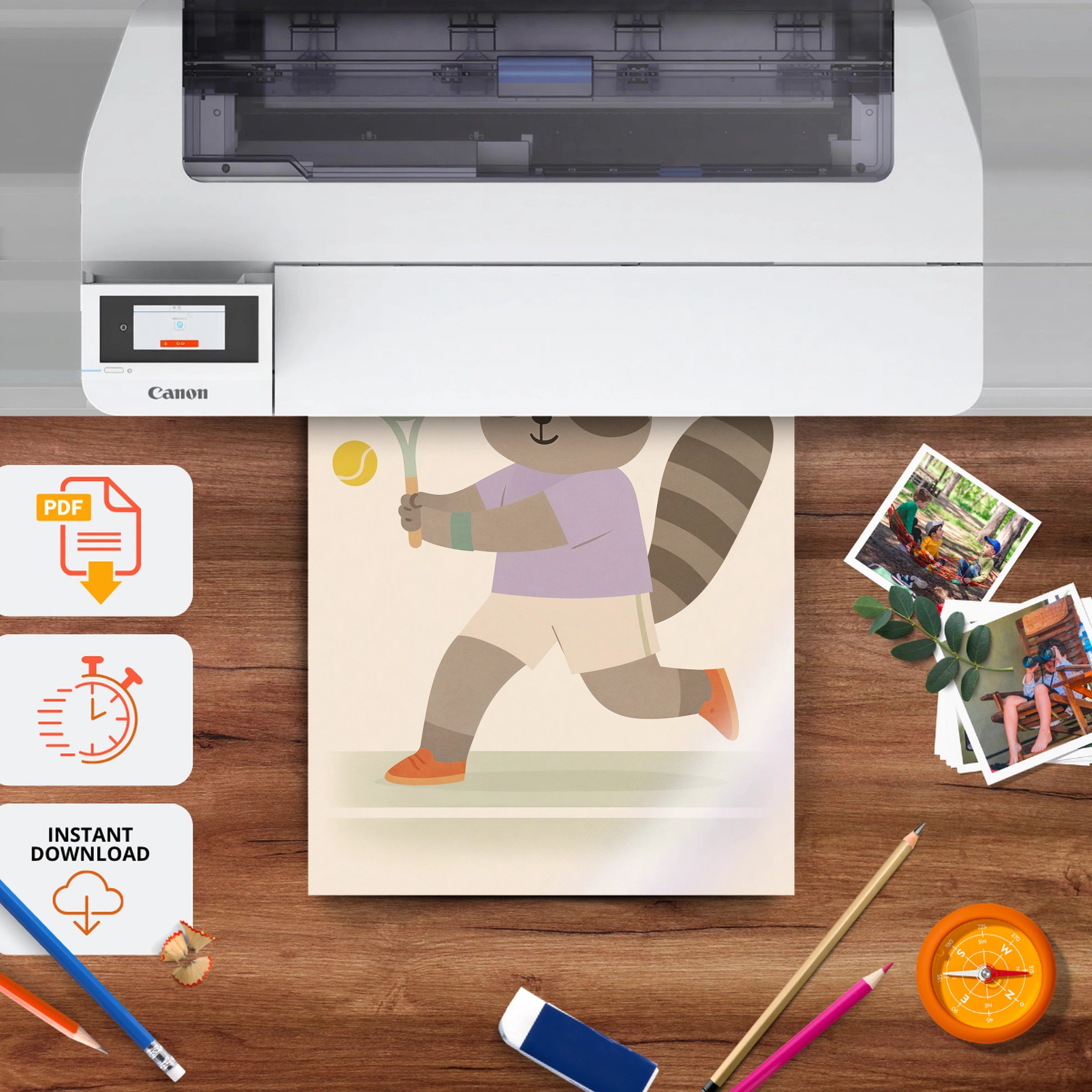Tennis Raccoon Nursery Print - printable nursery wall art, instant download to print at home