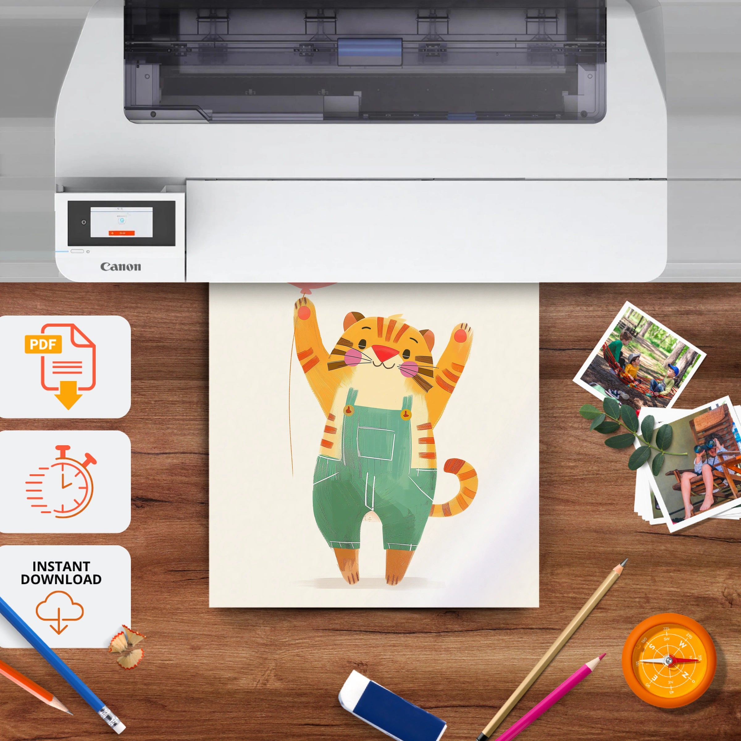 Tiger with a Balloon Nursery Print - printable nursery wall art, instant download to print at home