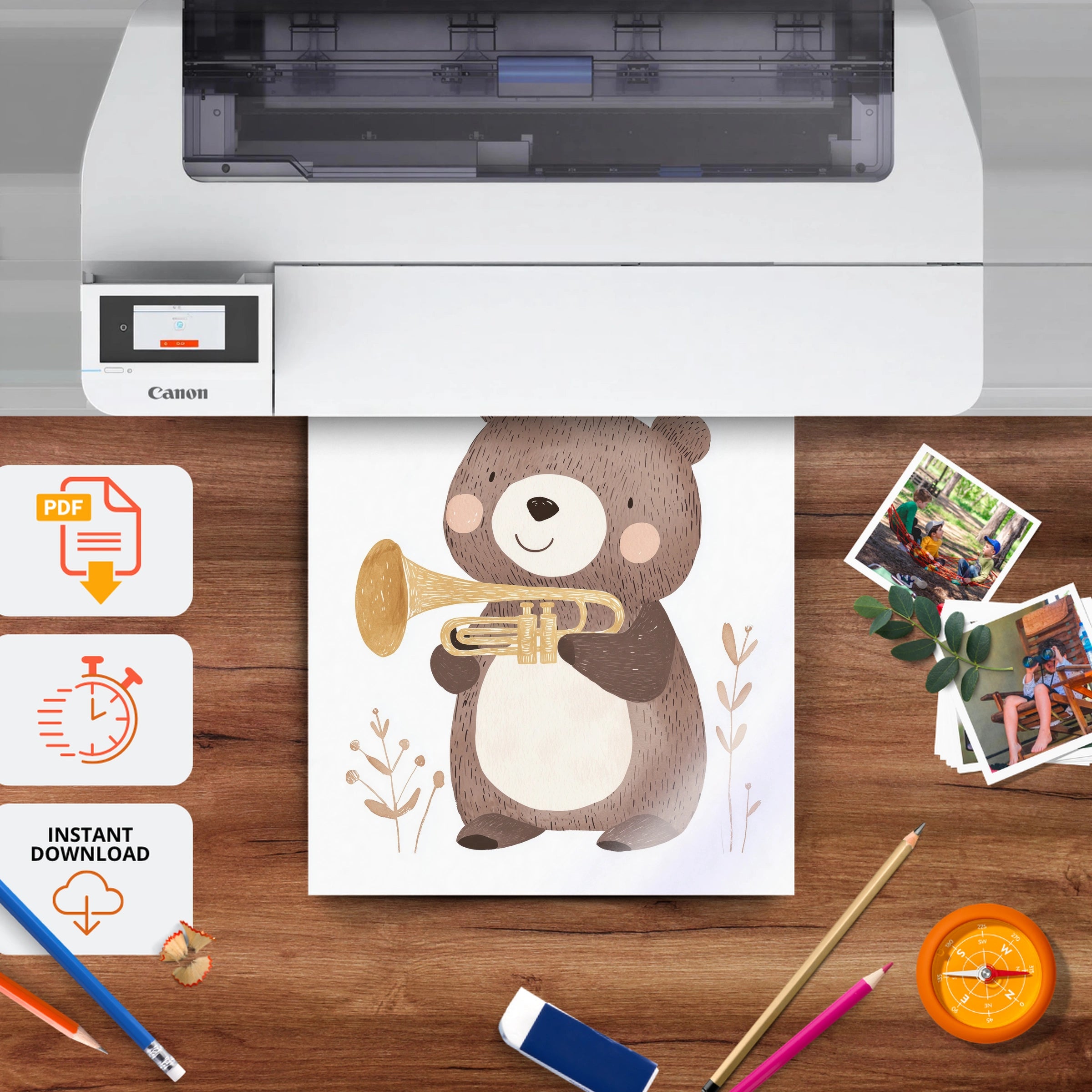 Trumpet Bear Nursery Print - printable nursery wall art, instant download to print at home