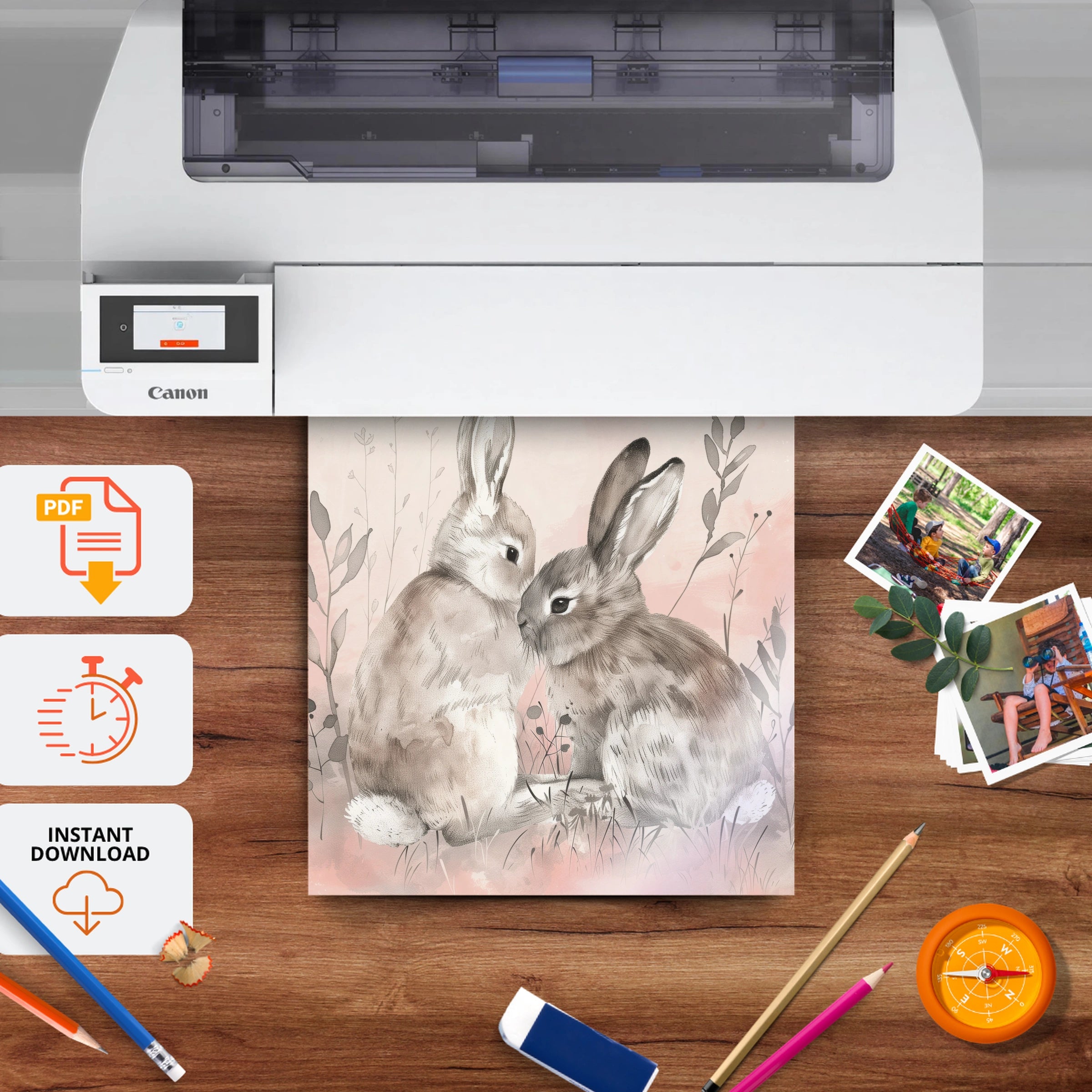 Two Bunnies in Love Nursery Print - printable nursery wall art, instant download to print at home