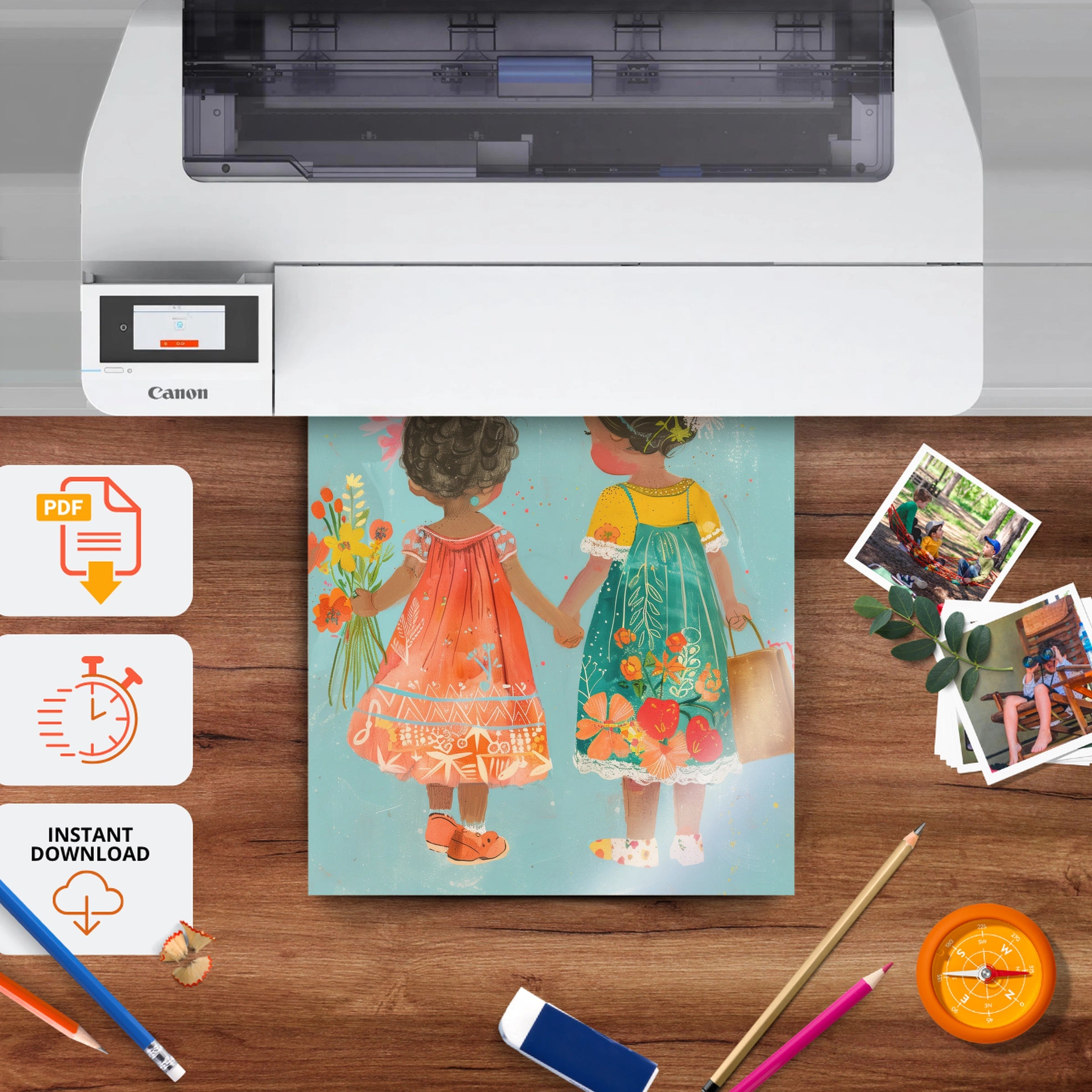 Two Girls with Flowers Nursery Print - printable nursery wall art, instant download to print at home