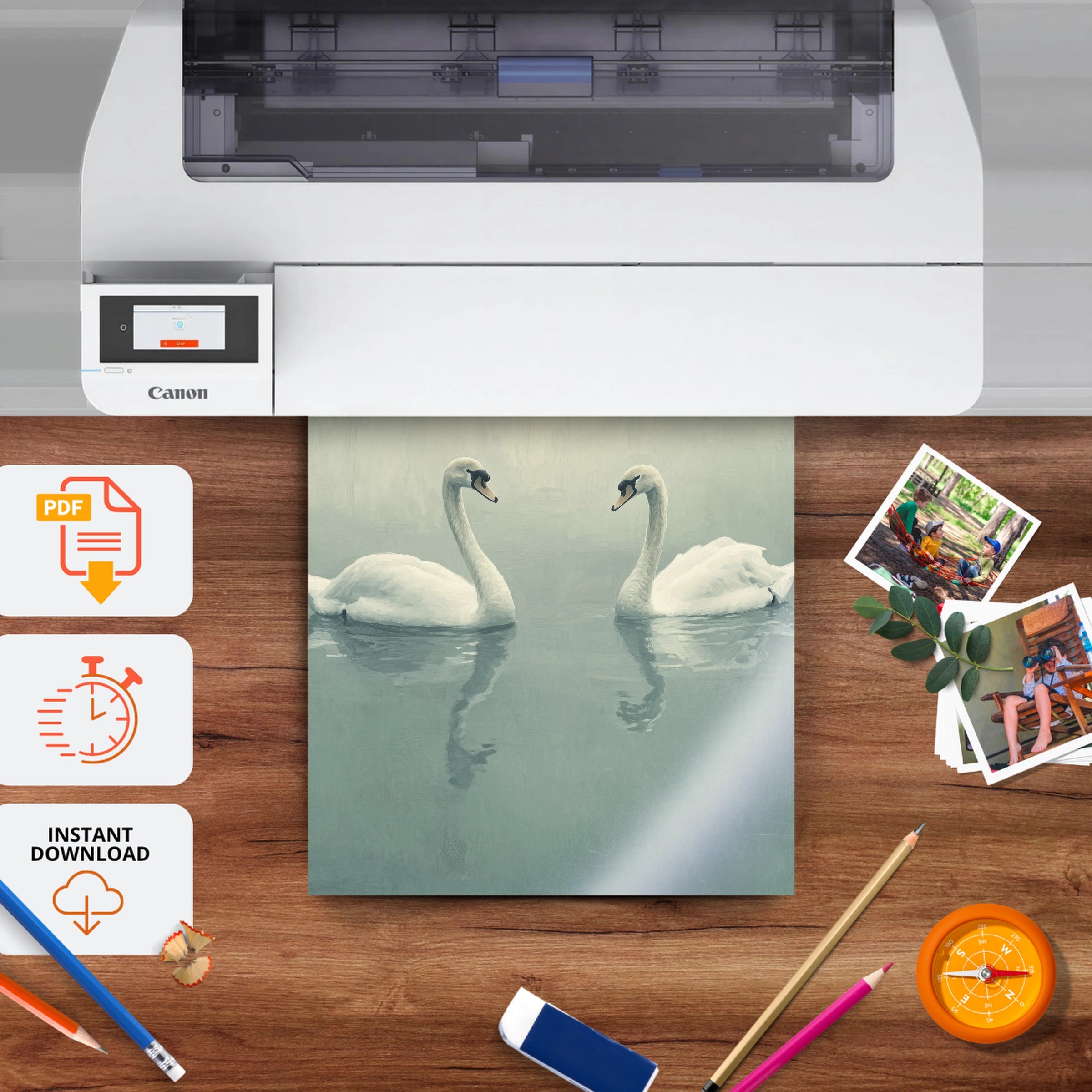 Two Swans on the Lake Nursery Print - printable nursery wall art, instant download to print at home