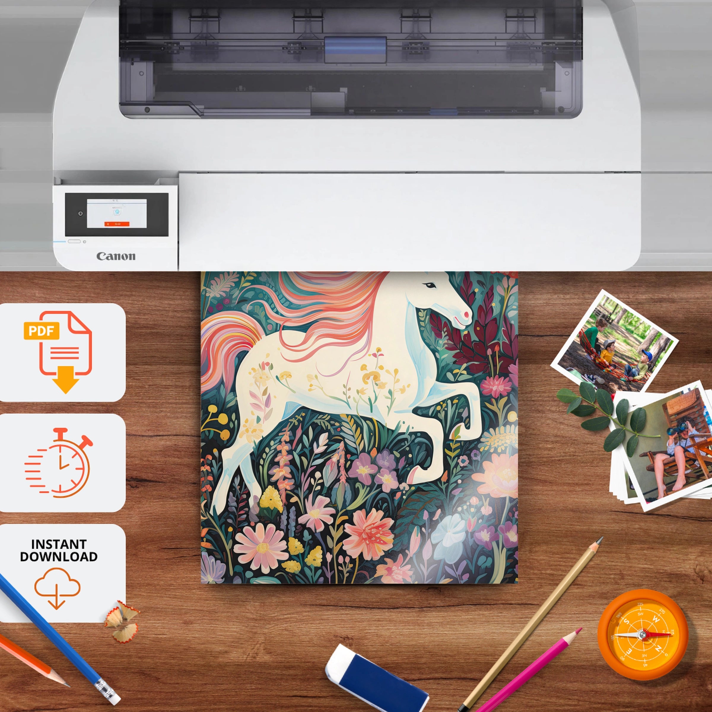 Unicorn in Bloom Nursery Print - printable nursery wall art, instant download to print at home