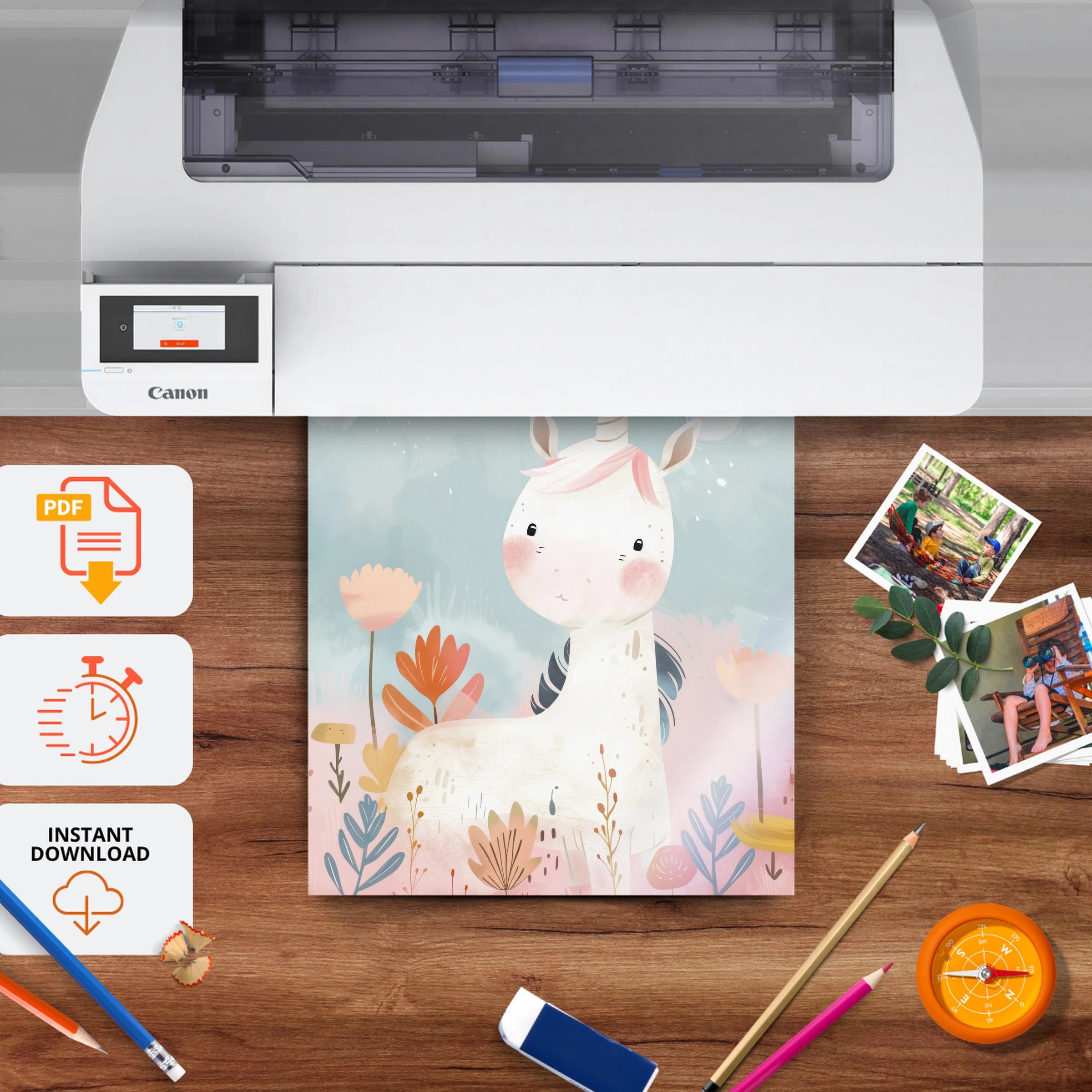 Unicorn in Flowers Nursery Print - printable nursery wall art, instant download to print at home