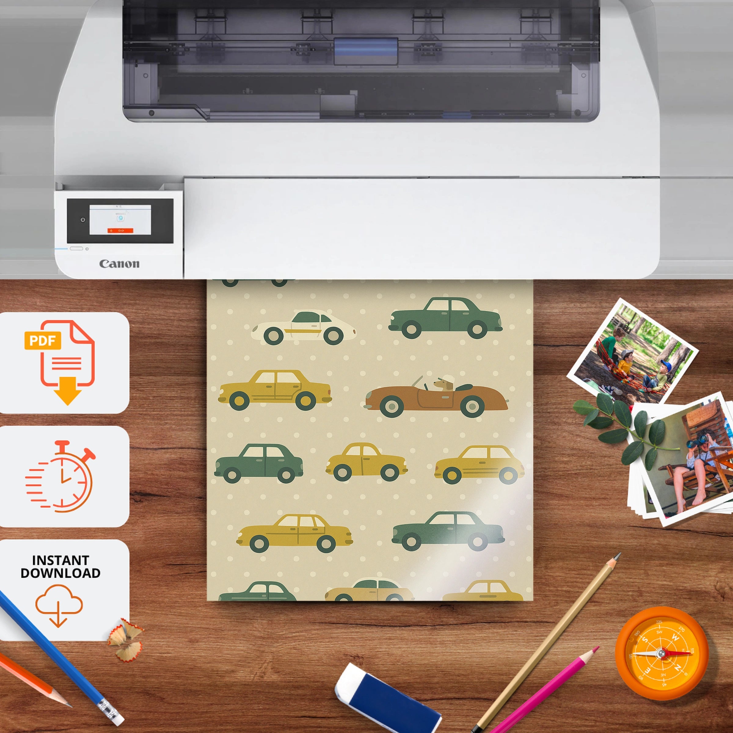 Vintage Cars Pattern Nursery Print - printable nursery wall art, instant download to print at home