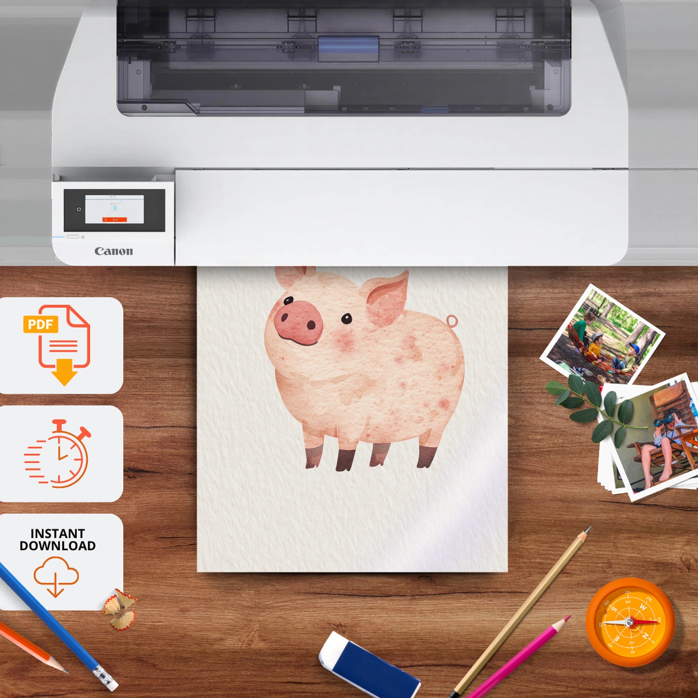 Watercolor Pig Nursery Print - printable nursery wall art, instant download to print at home
