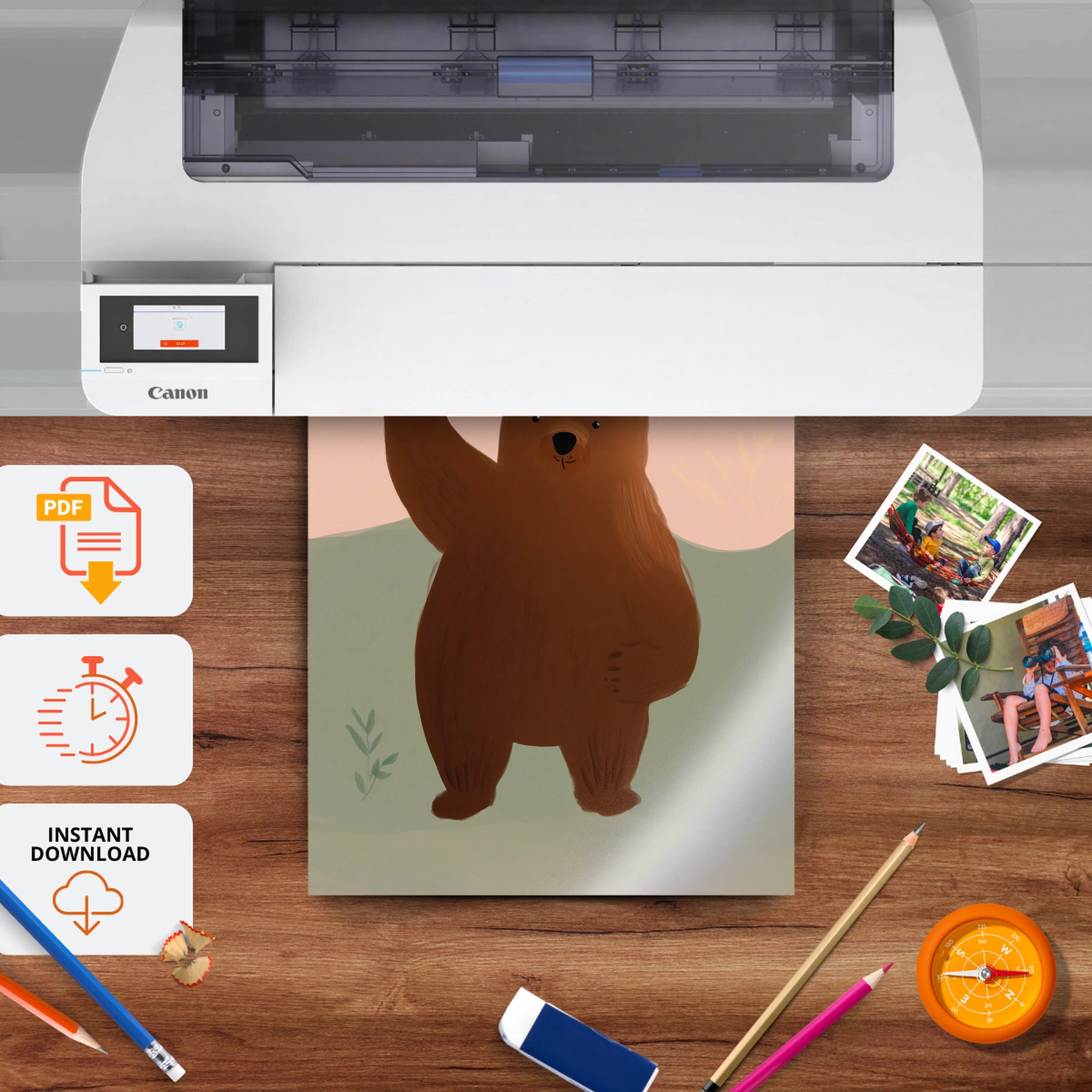 Waving Bear Nursery Print - printable nursery wall art, instant download to print at home