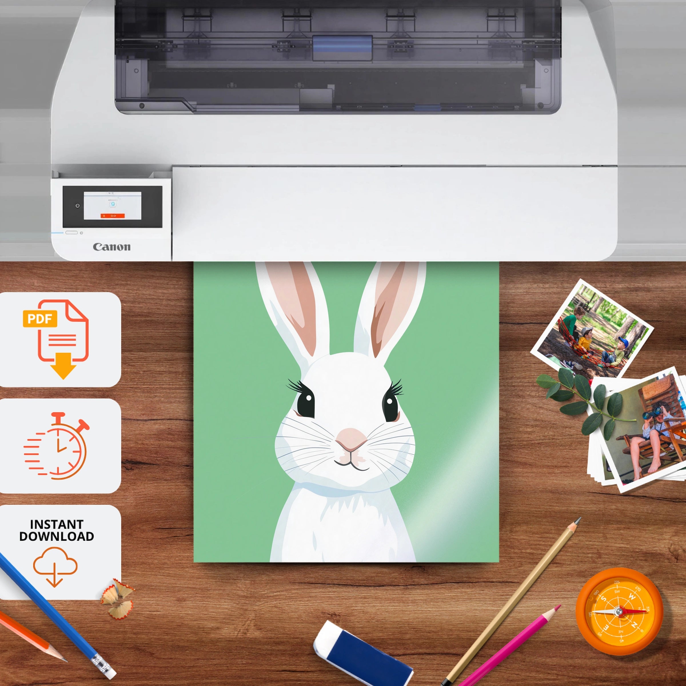 White Bunny Nursery Print - printable nursery wall art, instant download to print at home