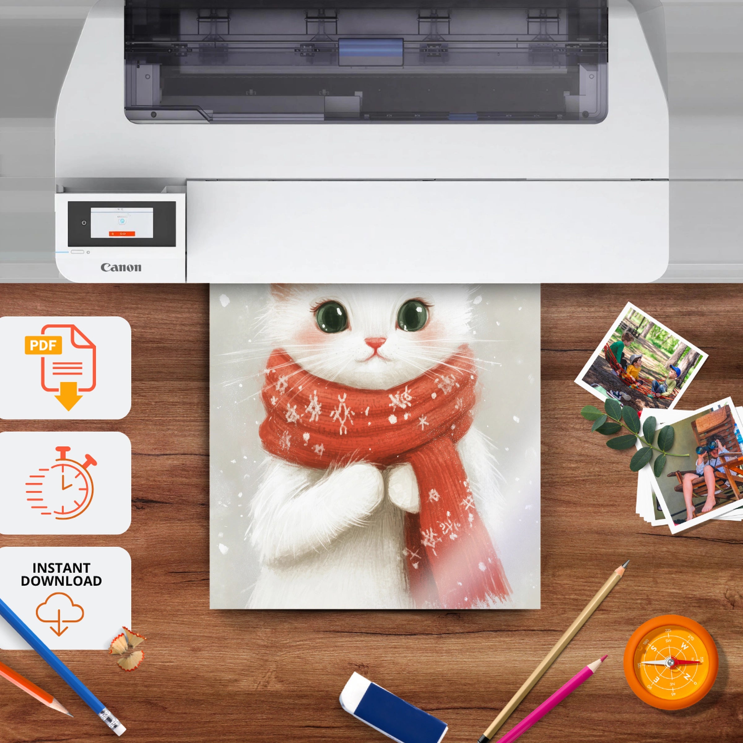 White Cat in a Scarf Christmas Print - printable nursery wall art, instant download to print at home