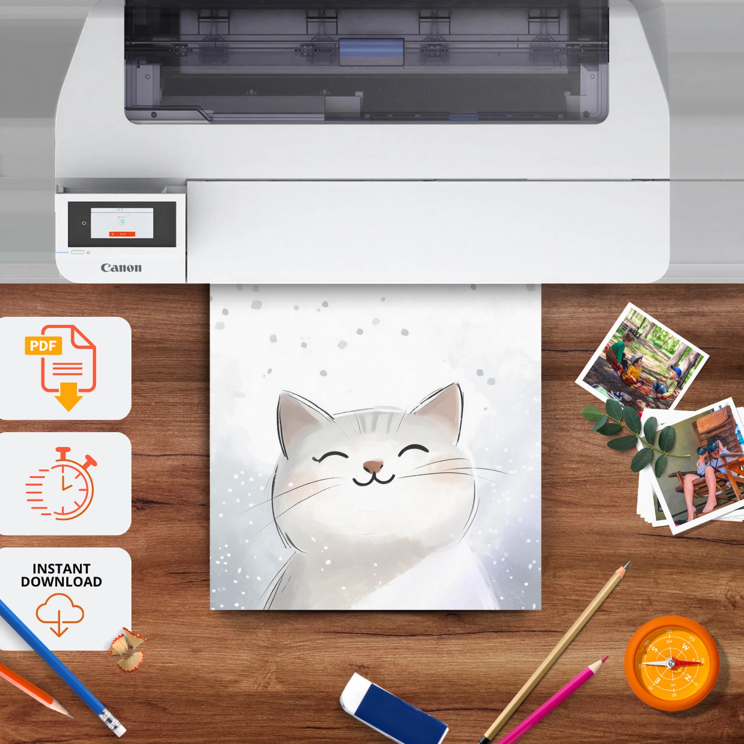 White Cat in the Snow Two Christmas Print - printable nursery wall art, instant download to print at home