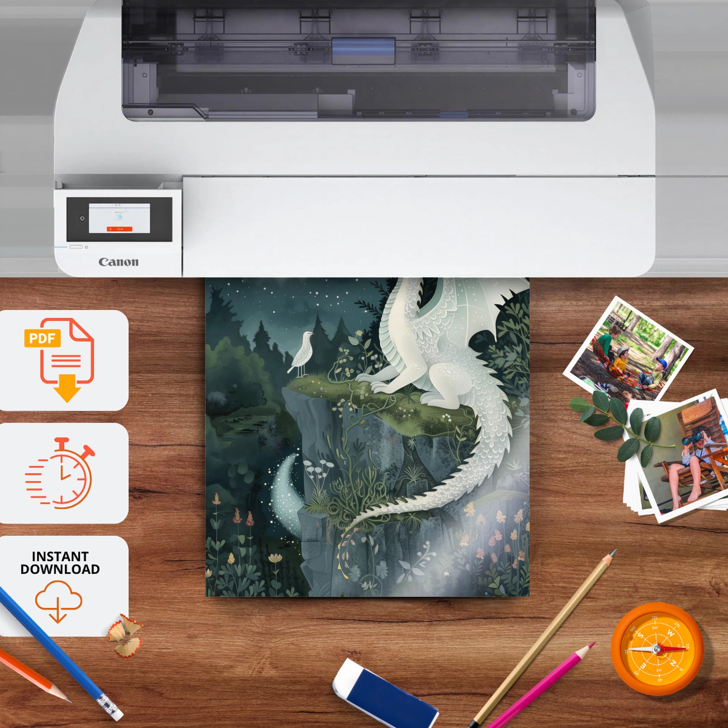 White Dragon Nursery Print - printable nursery wall art, instant download to print at home