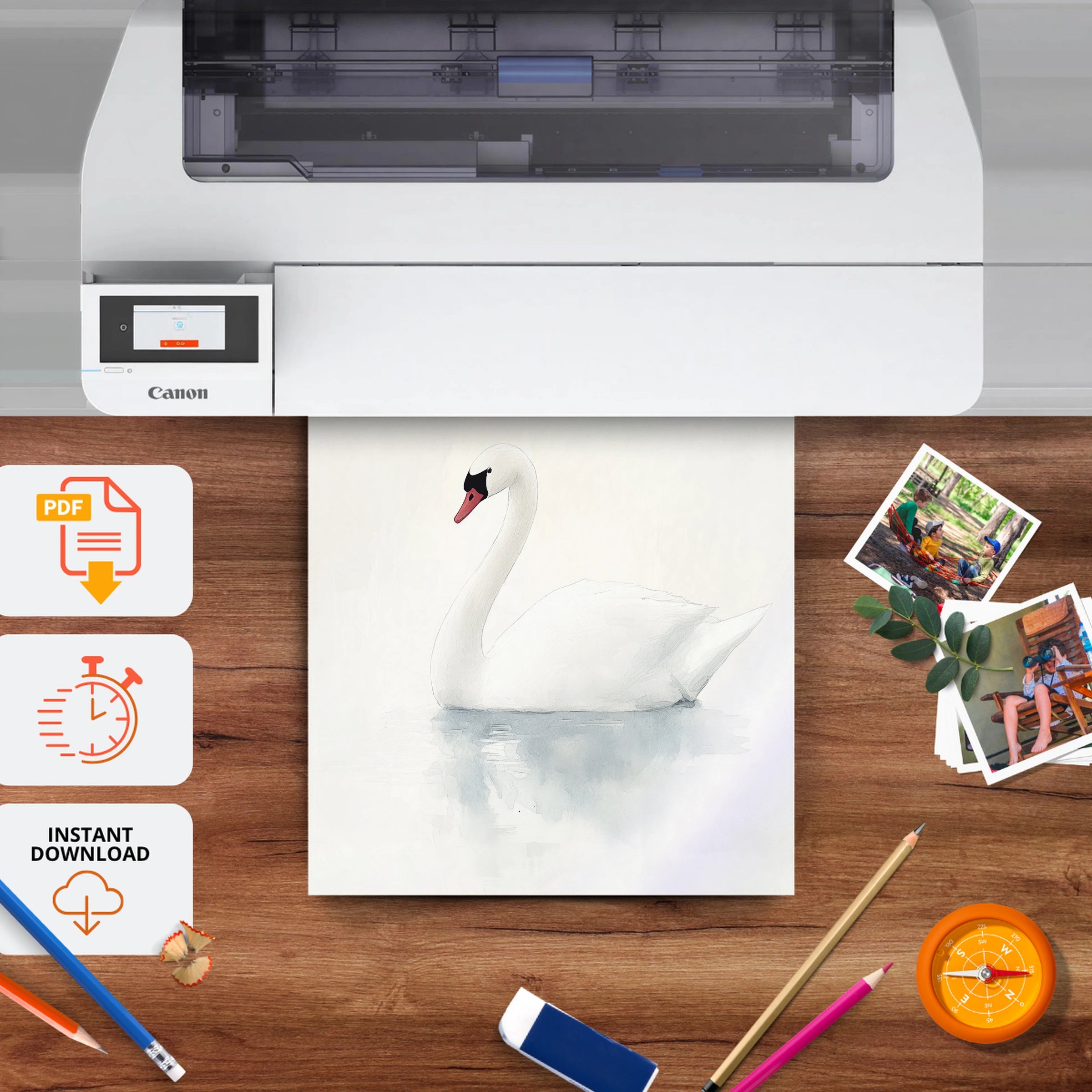 White Swan Nursery Print - printable nursery wall art, instant download to print at home