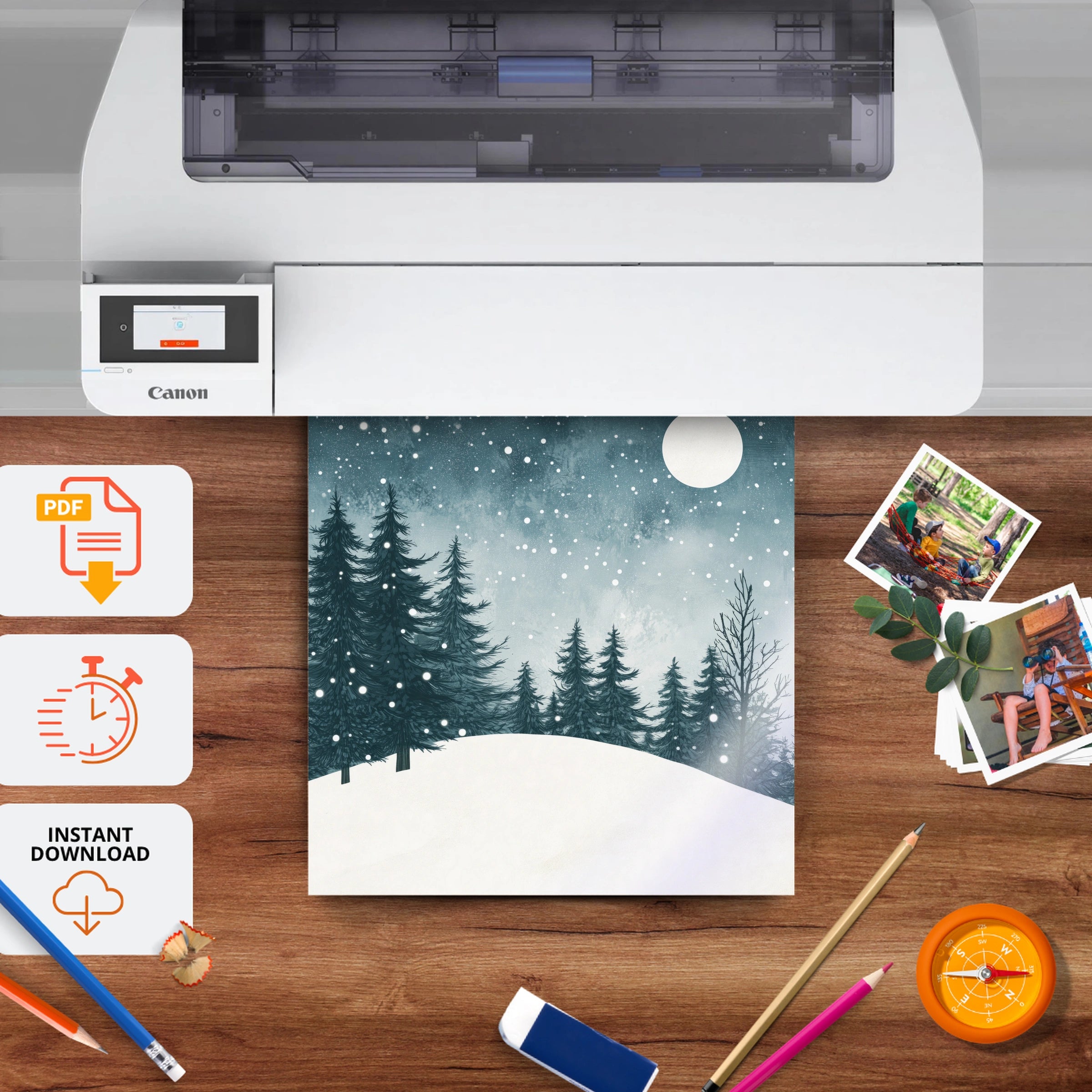 Winter Forest Moon Christmas Print - printable nursery wall art, instant download to print at home