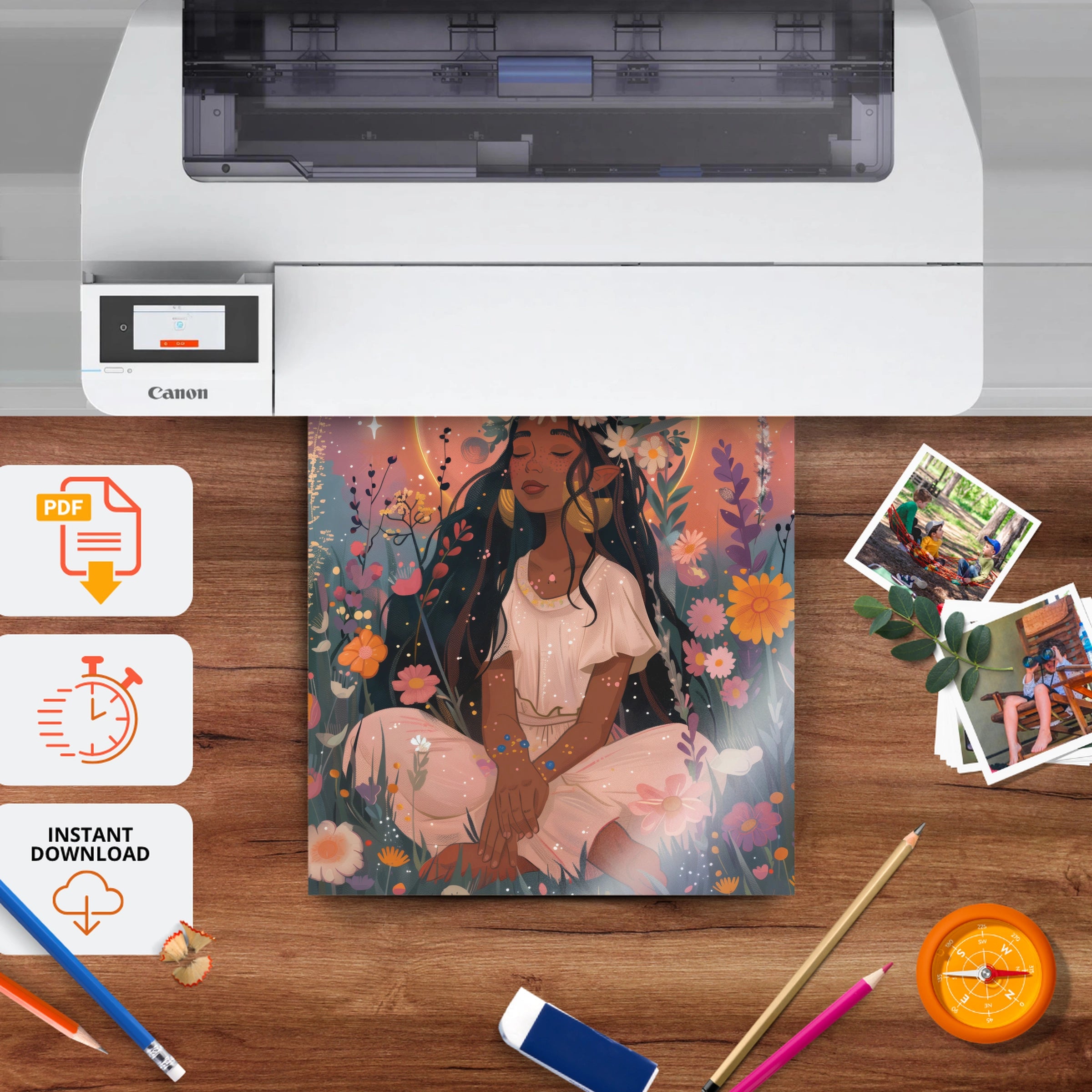 Woman with a Flower Halo Nursery Print - printable nursery wall art, instant download to print at home